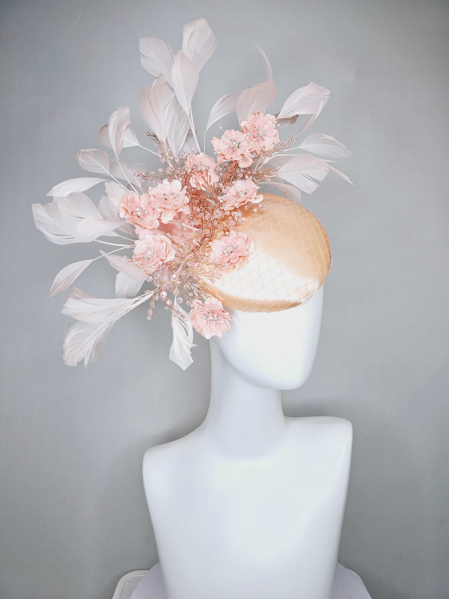 kentucky derby hat fascinator champagne beige satin with netting,peach pink satin flowers with crystal rhinestone stems,light pink feathers