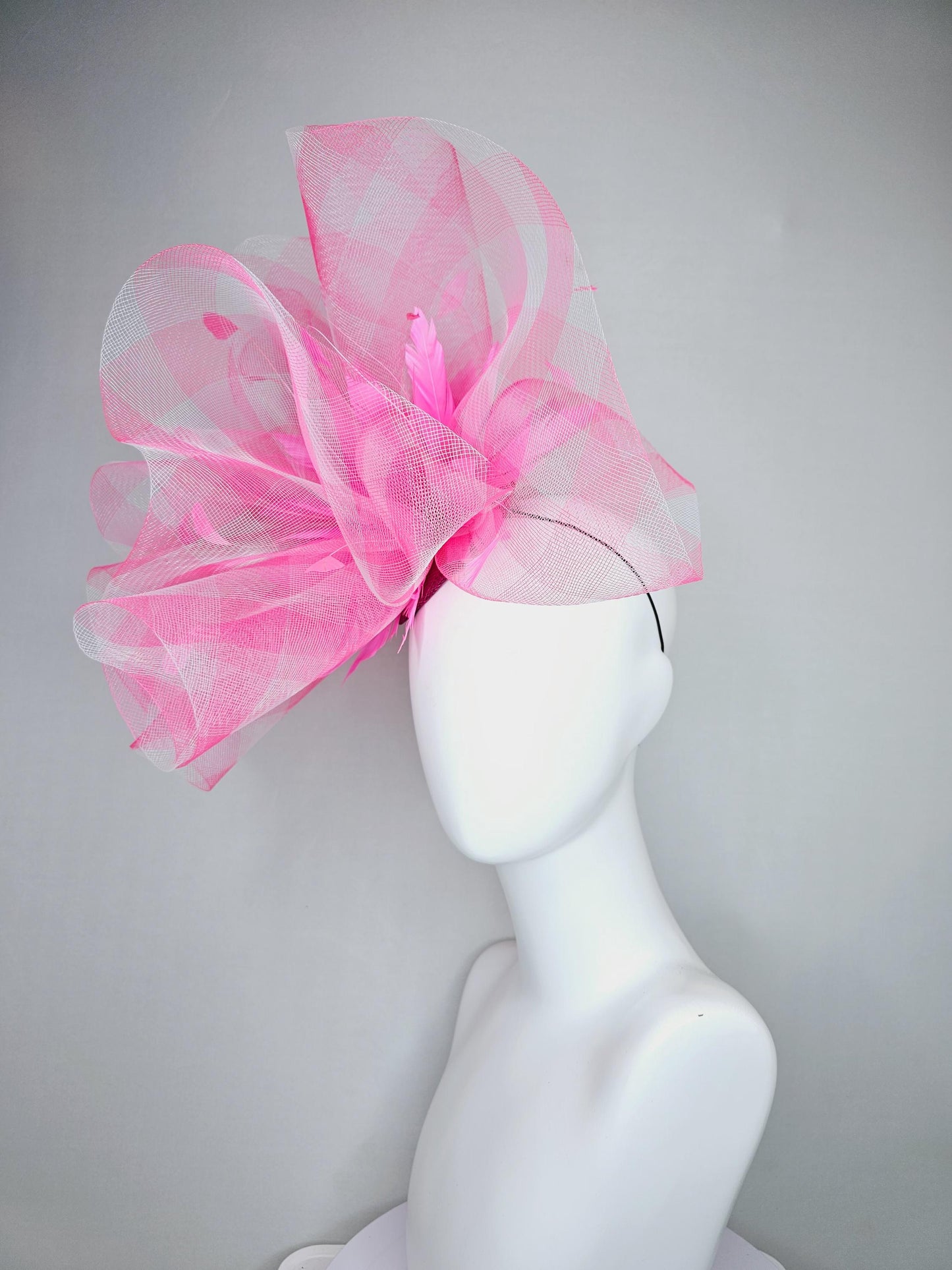 kentucky derby fascinator hat large gingham pink plaid crinoline pouf with branching bright pink feathers