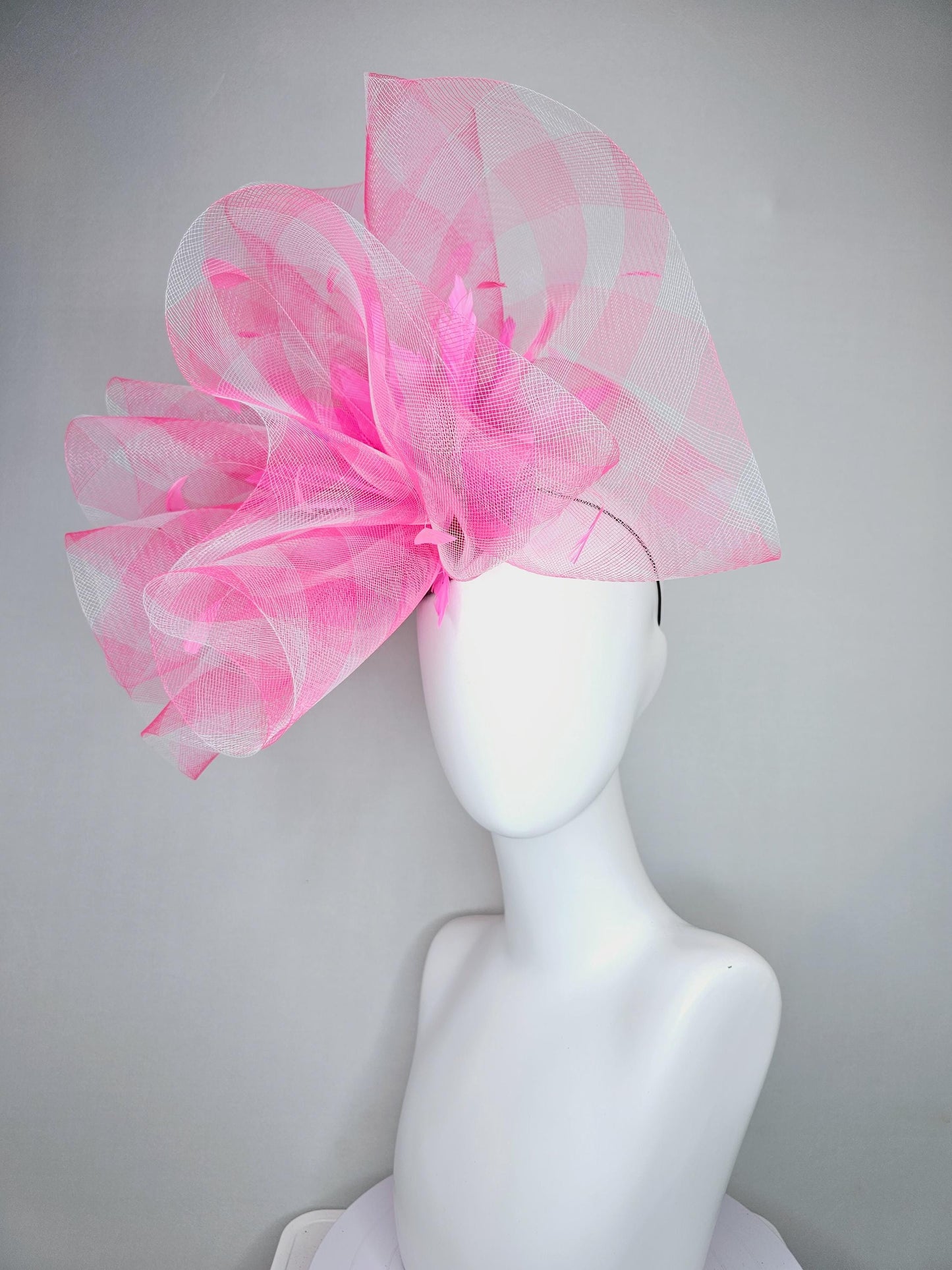 kentucky derby fascinator hat large gingham pink plaid crinoline pouf with branching bright pink feathers