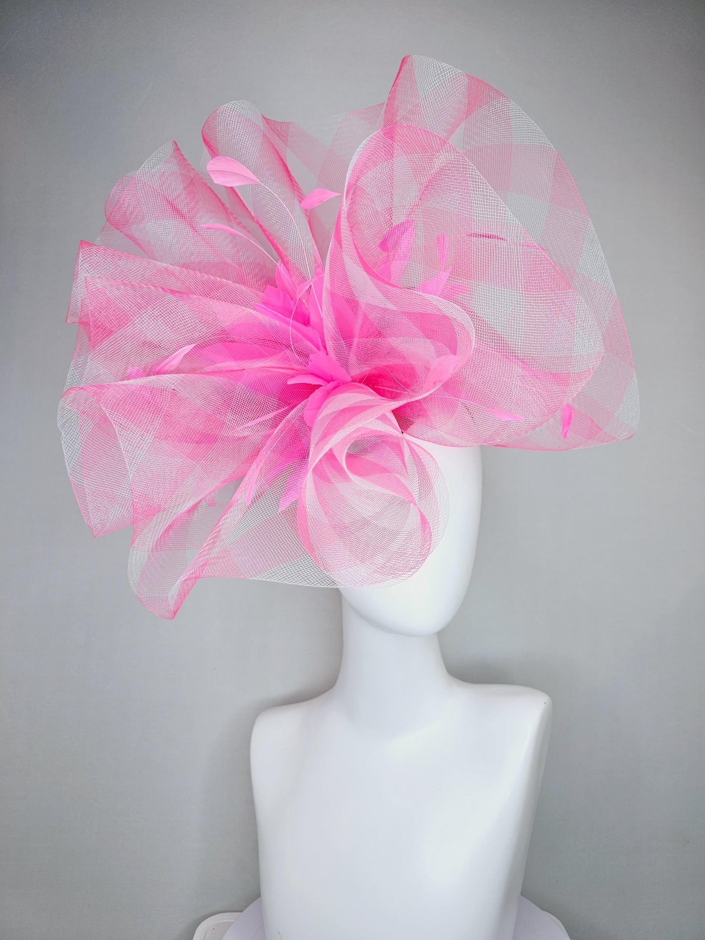 kentucky derby fascinator hat large gingham pink plaid crinoline pouf with branching bright pink feathers