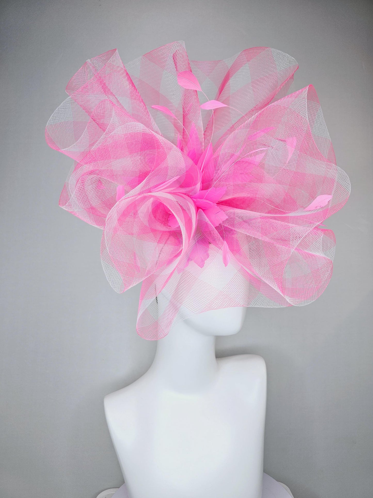 kentucky derby fascinator hat large gingham pink plaid crinoline pouf with branching bright pink feathers