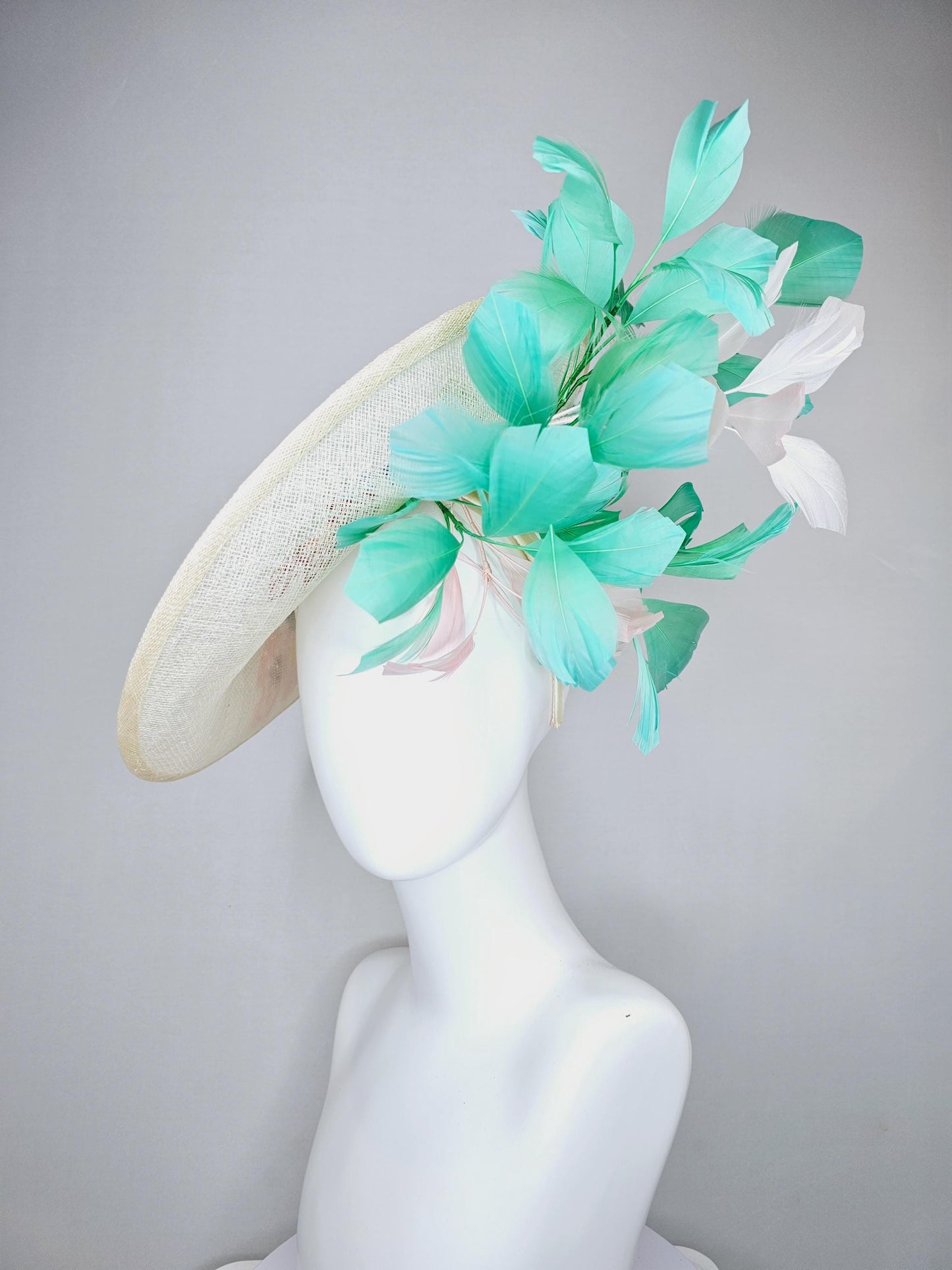 kentucky derby hat fascinator white sinamay saucer with colorful blue red green yellow floral sequined embroidered, green and white feathers