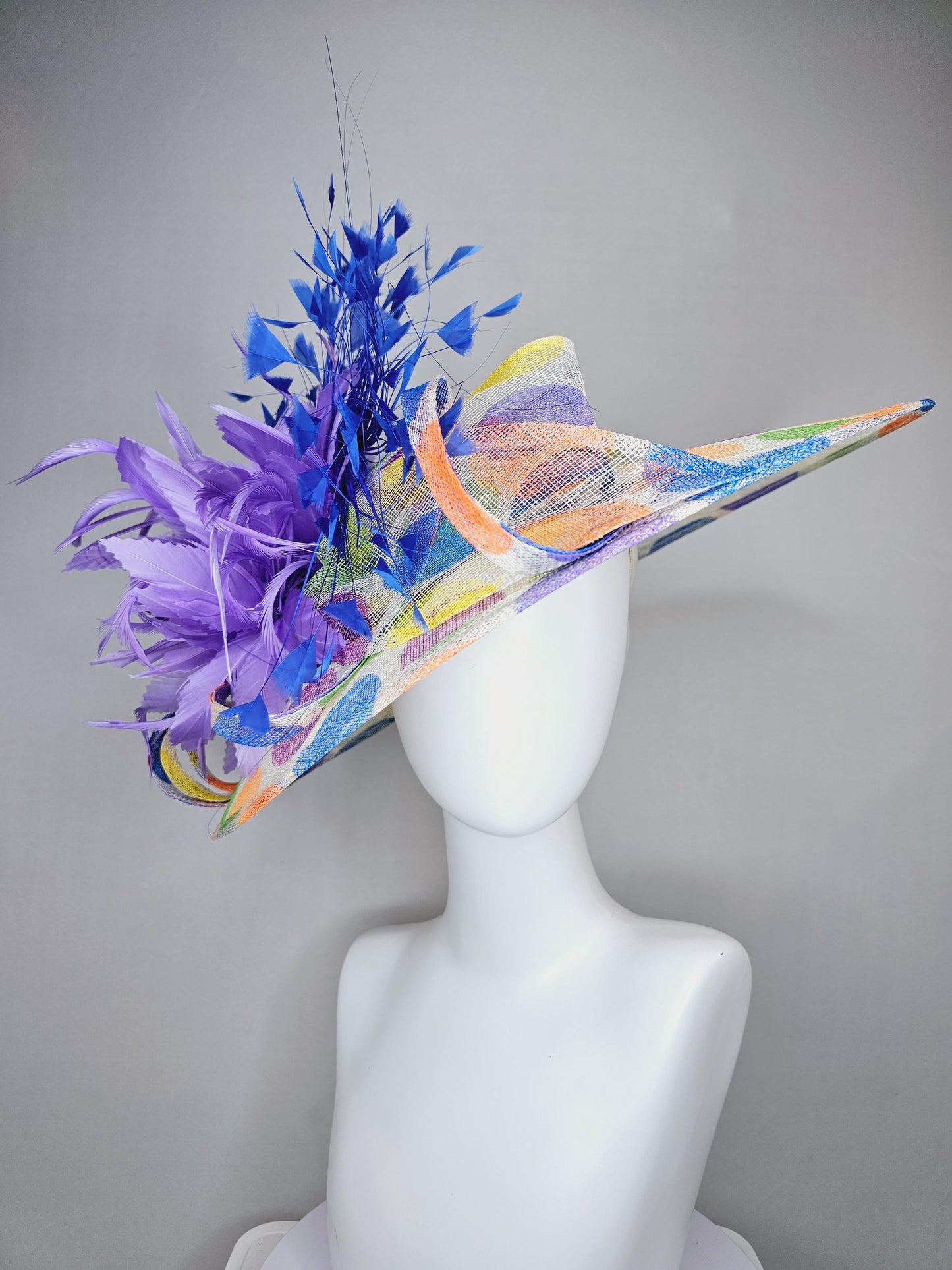 kentucky derby hat large colorful rainbow blue green yellow orange polka dot wide brim sinamay,purple feather flower and royal blue feathers