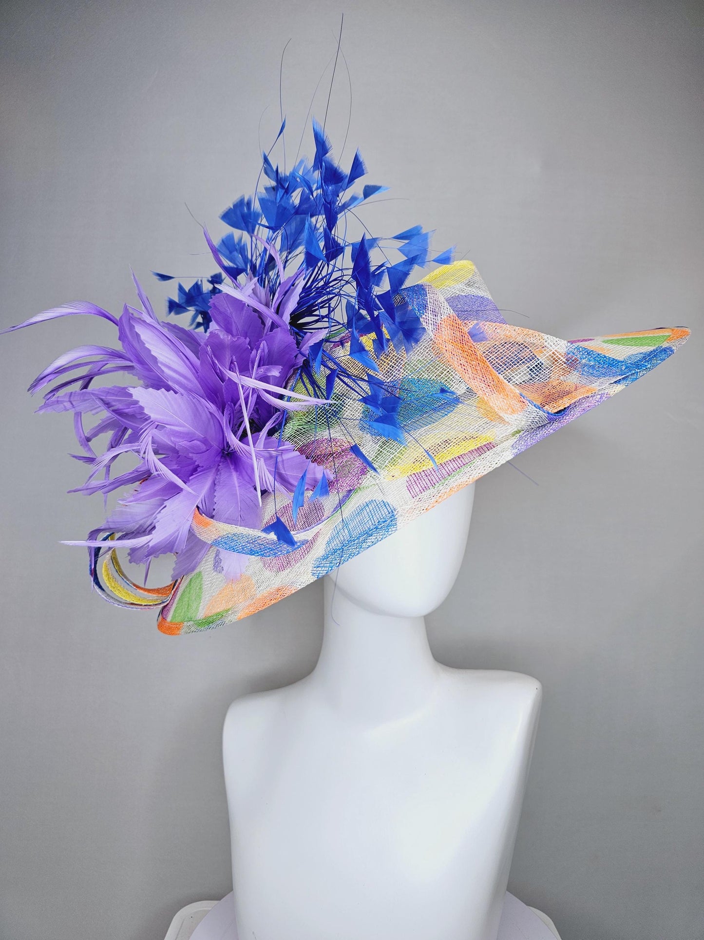 kentucky derby hat large colorful rainbow blue green yellow orange polka dot wide brim sinamay,purple feather flower and royal blue feathers