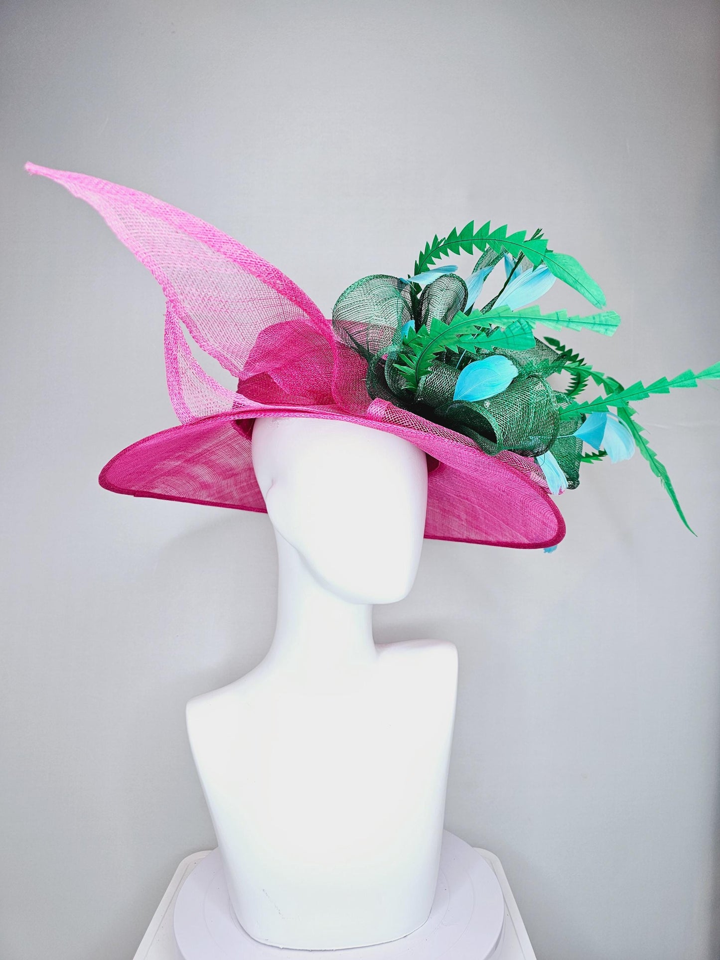 kentucky derby hat large wide brim sinamay hot pink hat with emerald green sinamay bow, green and sky light blue branching feathers