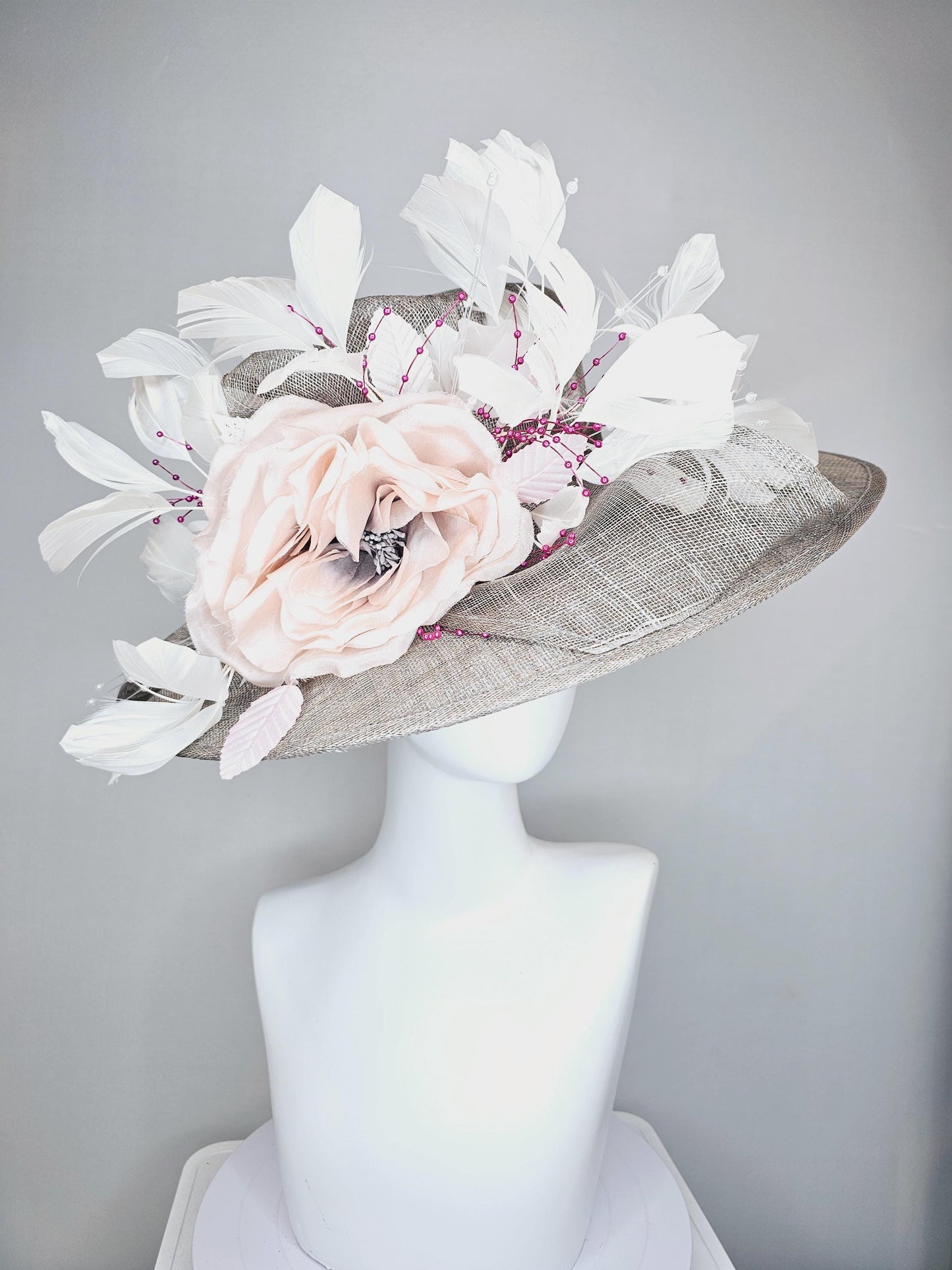kentucky derby hat large wide brim sinamay gray hat with large white champagne pink silk flower and white branching feathers