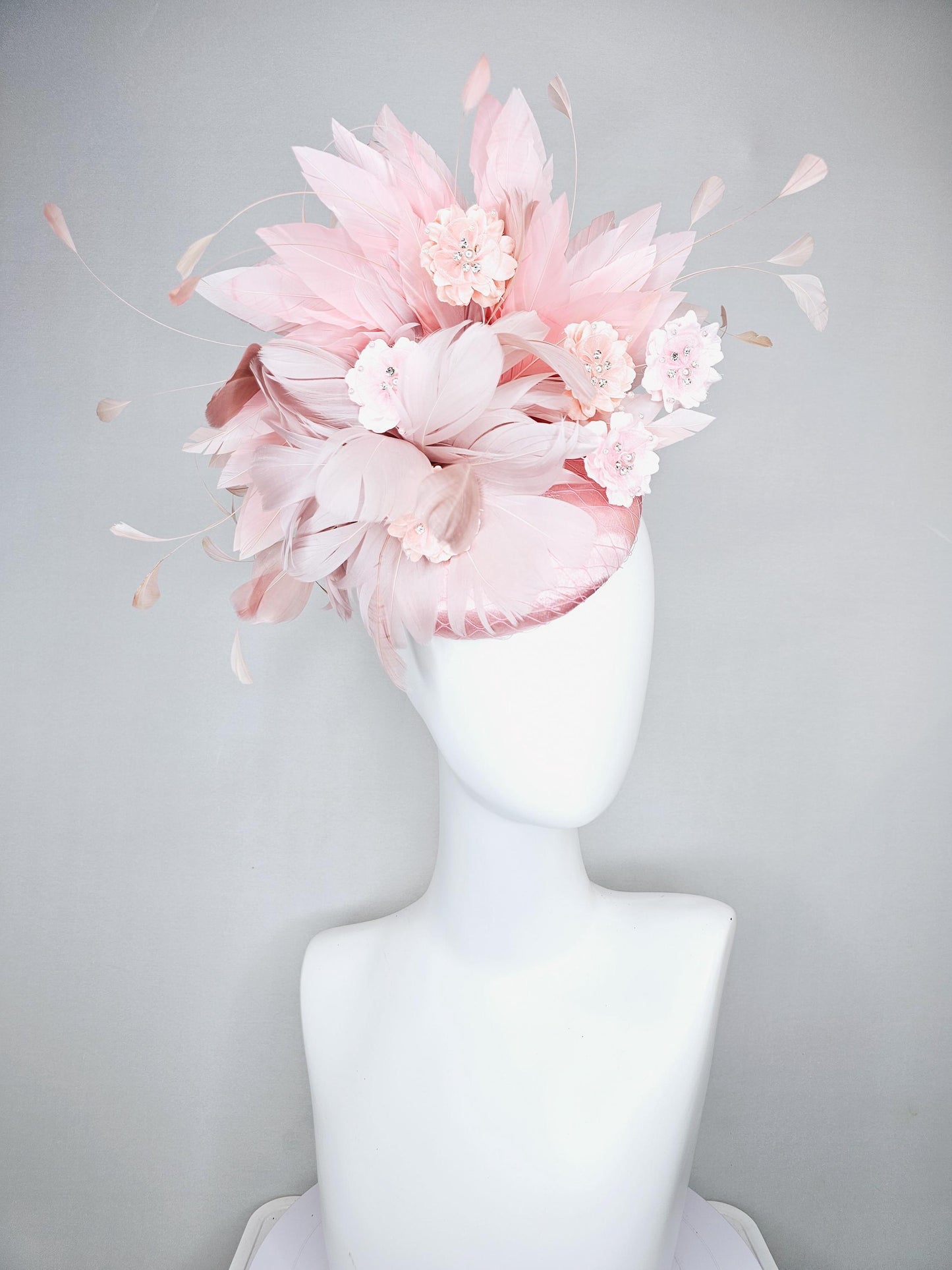 kentucky derby hat fascinator light pink satin with netting,blush dusty pink branching feathers,rhinestone pearl core pink silk flowers