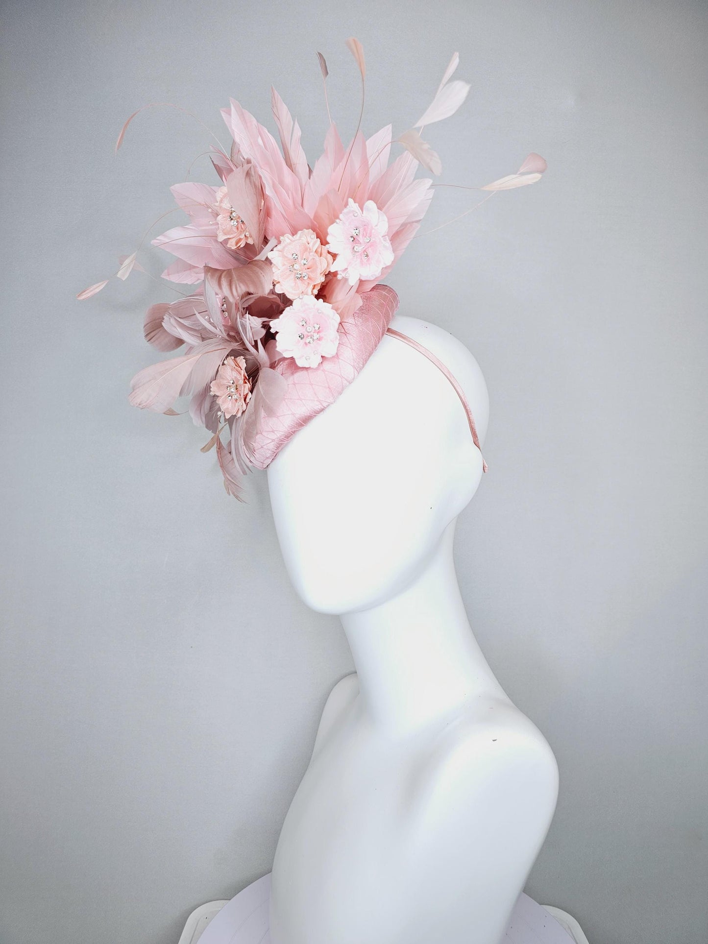 kentucky derby hat fascinator light pink satin with netting,blush dusty pink branching feathers,rhinestone pearl core pink silk flowers