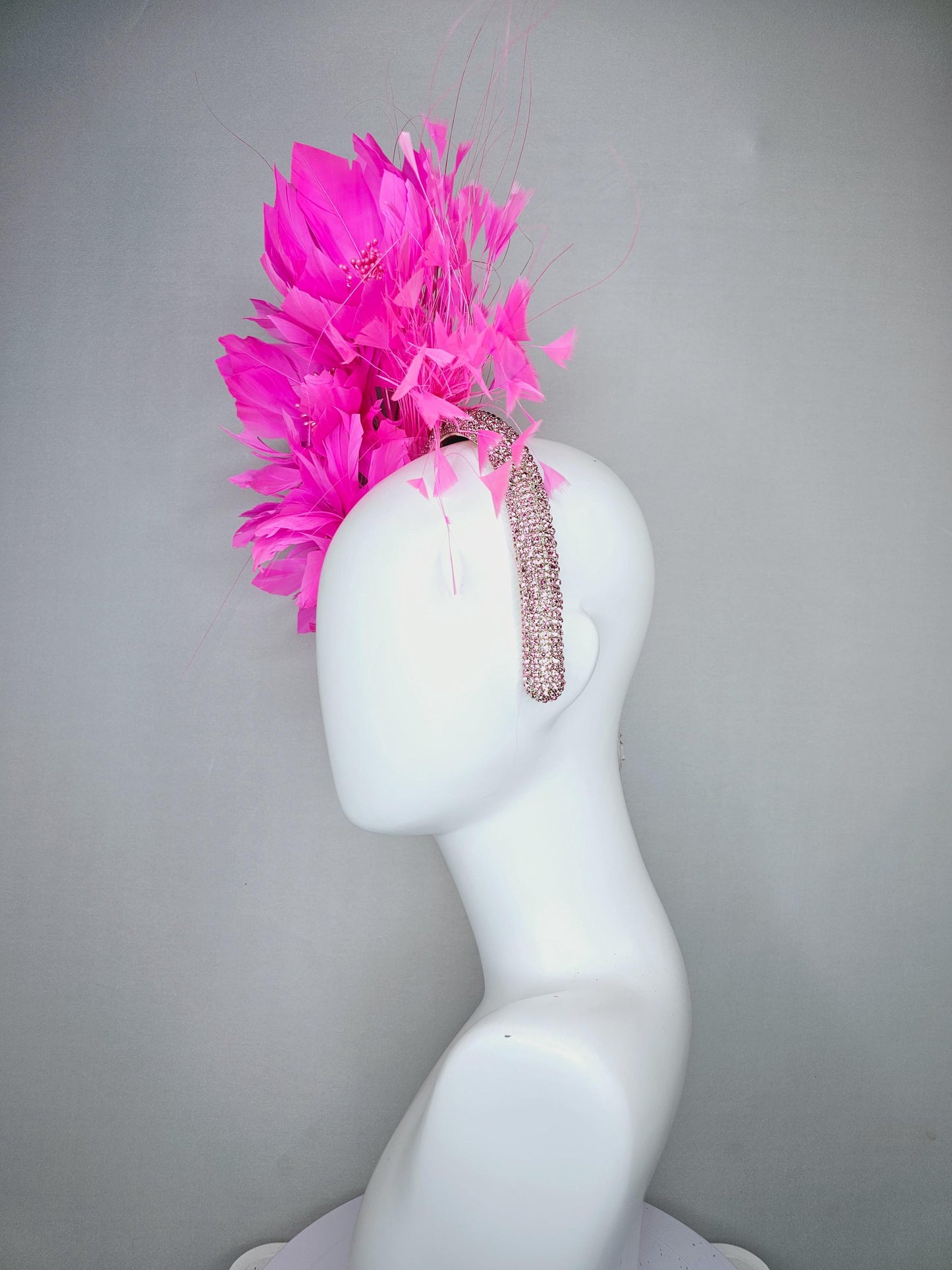 kentucky derby hat fascinator light pink crystal rhinestone headband neon bright pink fluffy feather flowers and pink branching feathers
