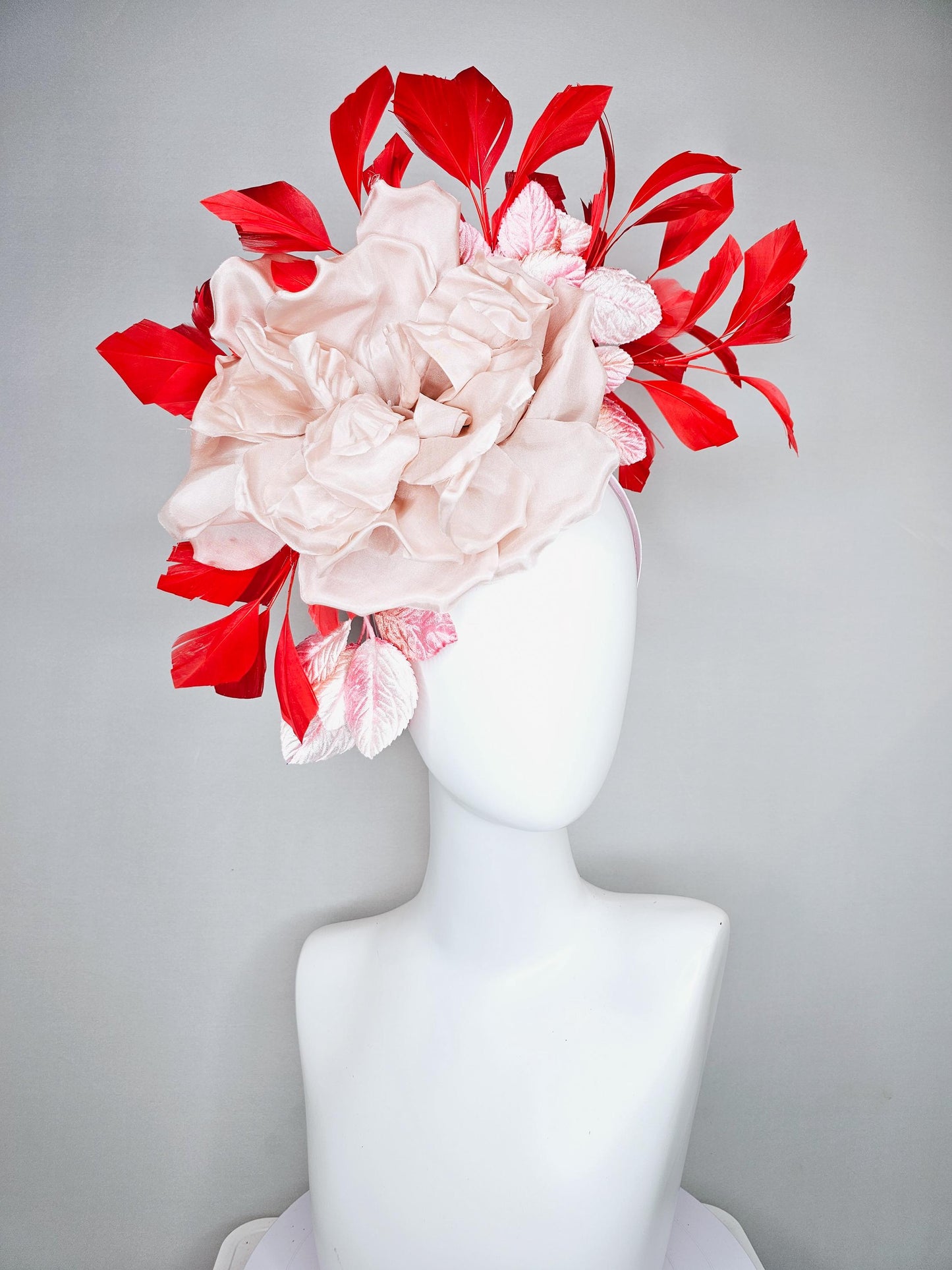 kentucky derby hat fascinator large champagne blush rose flower with ombre pink leaves and bright red branching feathers