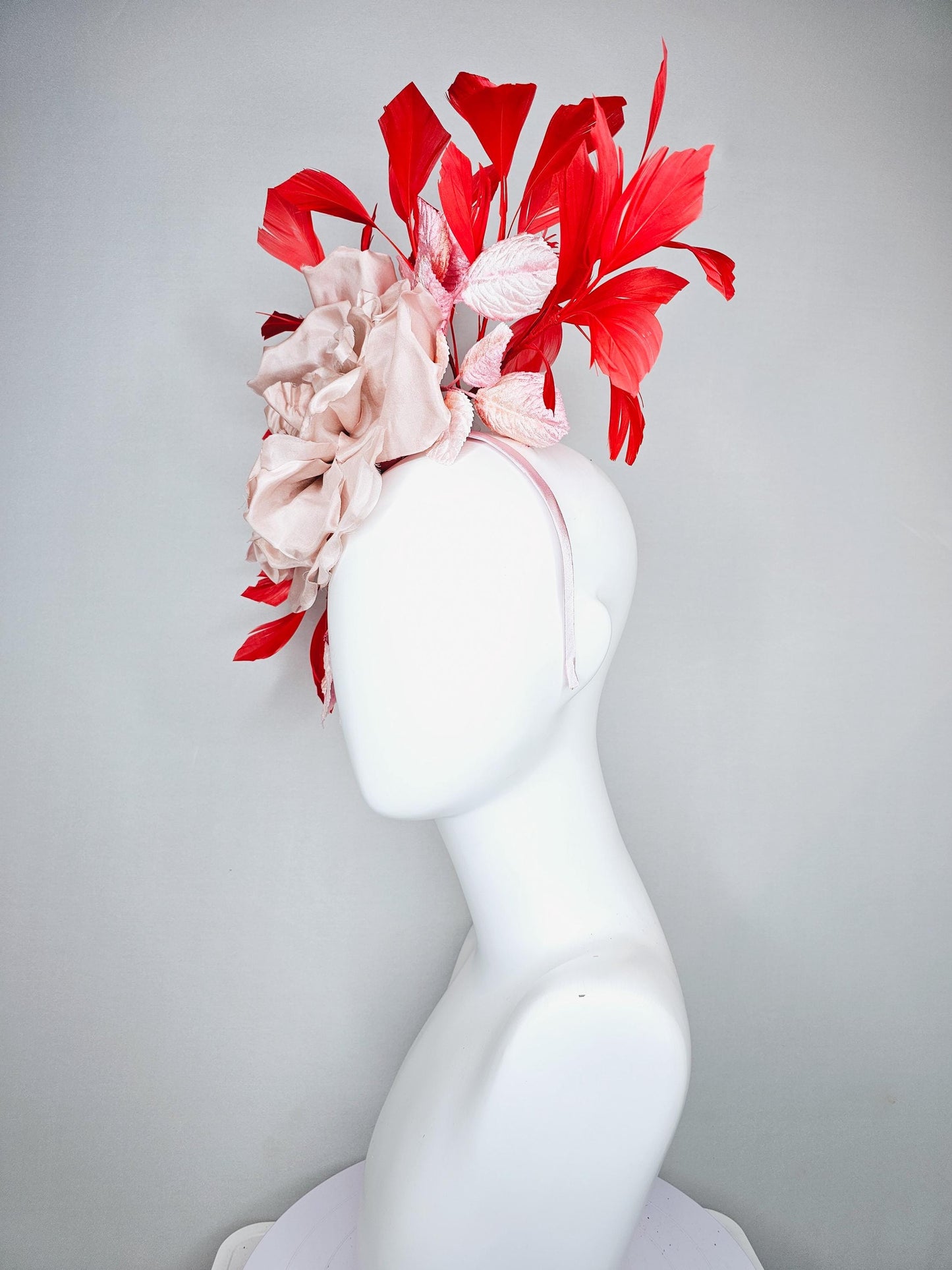 kentucky derby hat fascinator large champagne blush rose flower with ombre pink leaves and bright red branching feathers