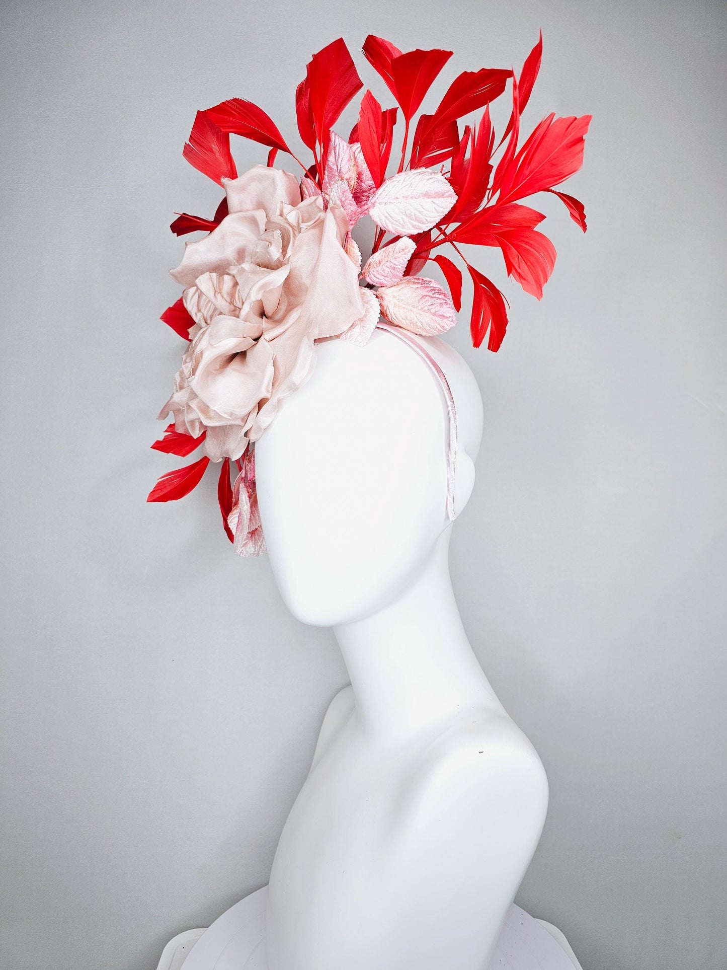 kentucky derby hat fascinator large champagne blush rose flower with ombre pink leaves and bright red branching feathers