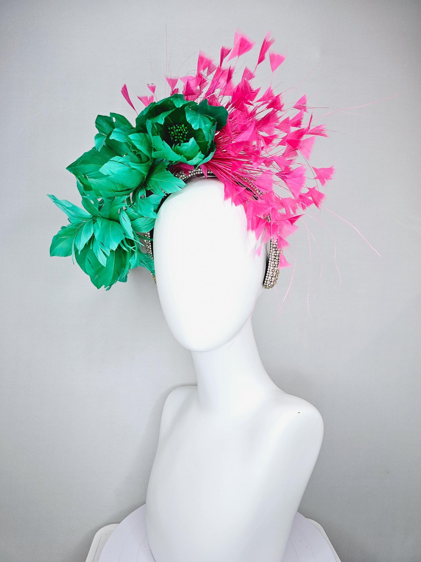 kentucky derby hat fascinator rhinestone crystal headband with bright green fluffy feather flowers and pink branching feathers