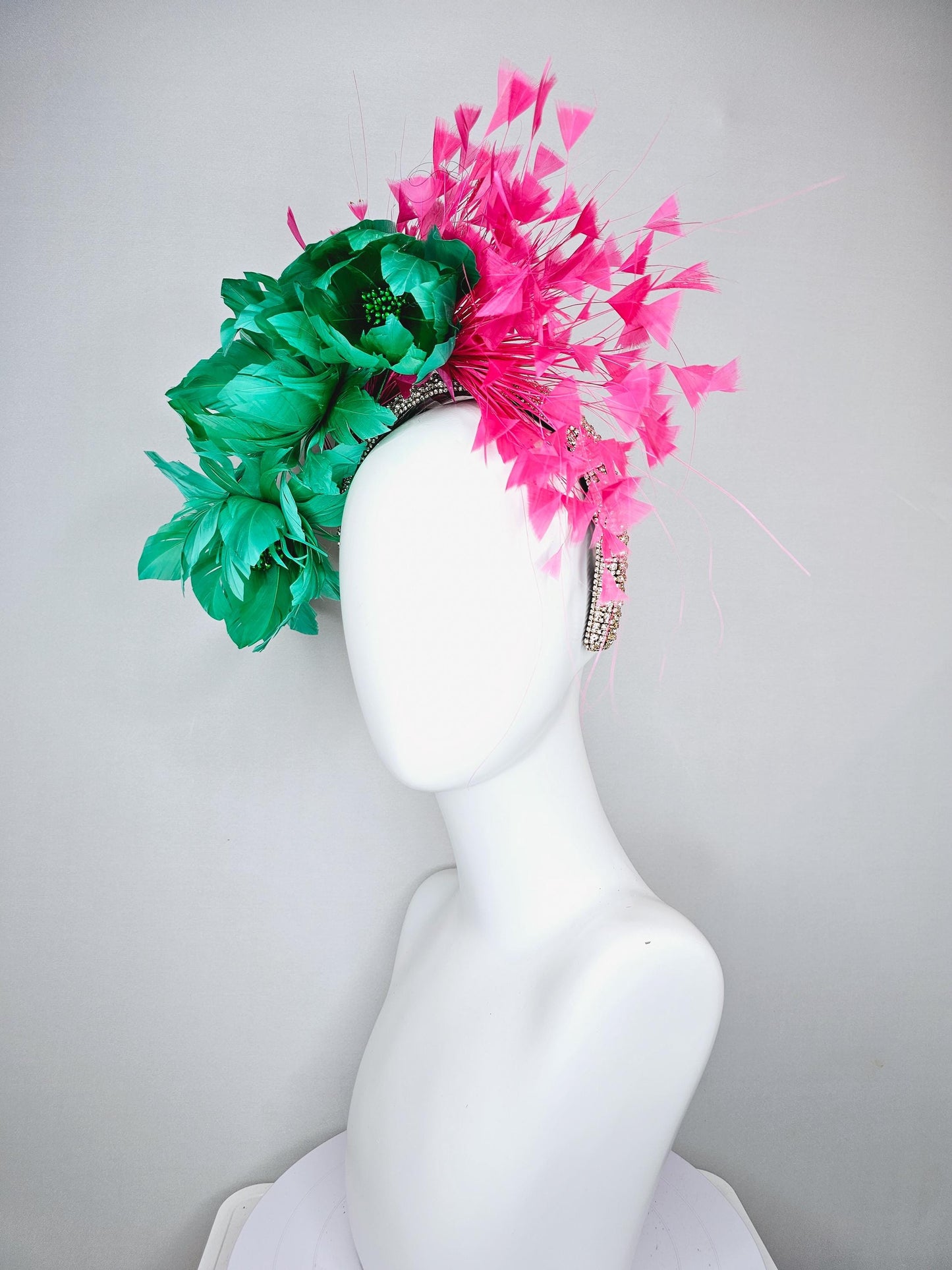 kentucky derby hat fascinator rhinestone crystal headband with bright green fluffy feather flowers and pink branching feathers