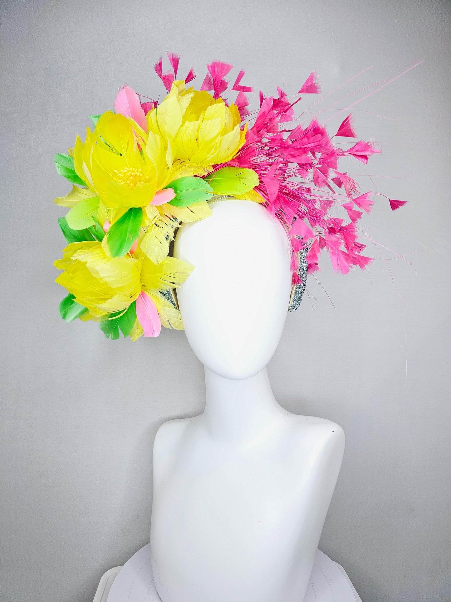 kentucky derby hat fascinator yellow feather flowers,green feather leaves,fuchsia pink branching feathers,sky blue rhinestone headband