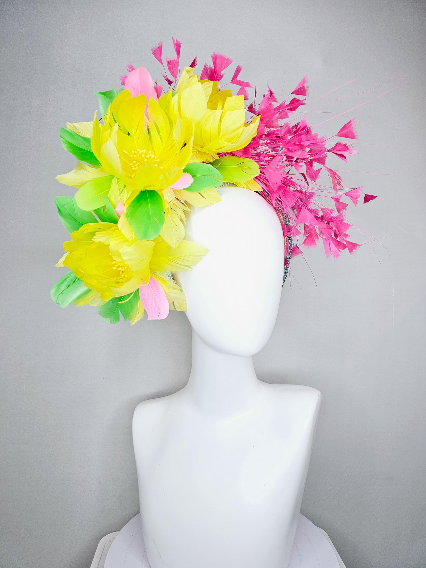 kentucky derby hat fascinator yellow feather flowers,green feather leaves,fuchsia pink branching feathers,sky blue rhinestone headband