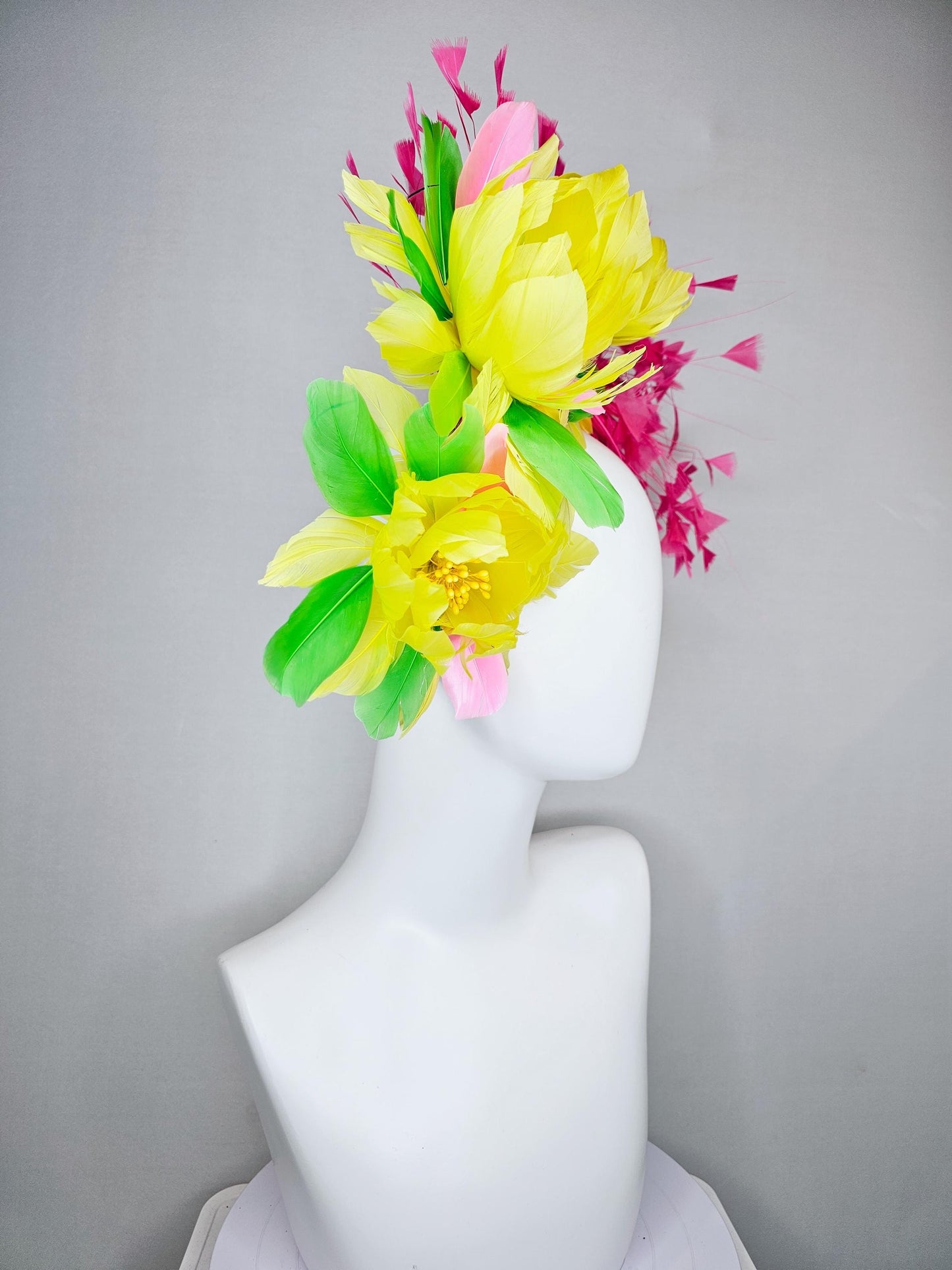 kentucky derby hat fascinator yellow feather flowers,green feather leaves,fuchsia pink branching feathers,sky blue rhinestone headband