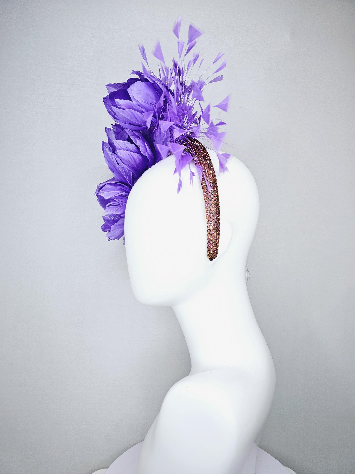 kentucky derby hat fascinator purple lavender feather flowers,purple lavender branching feathers,brown copper crystal rhinestone headband