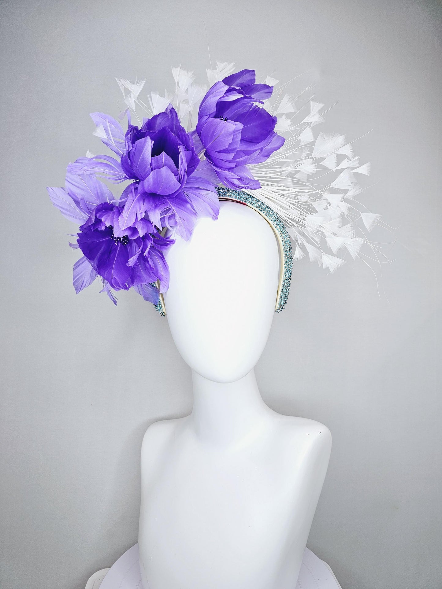 kentucky derby hat fascinator purple violet feather flowers, white branching feathers, turquoise sky blue crystal rhinestone headband