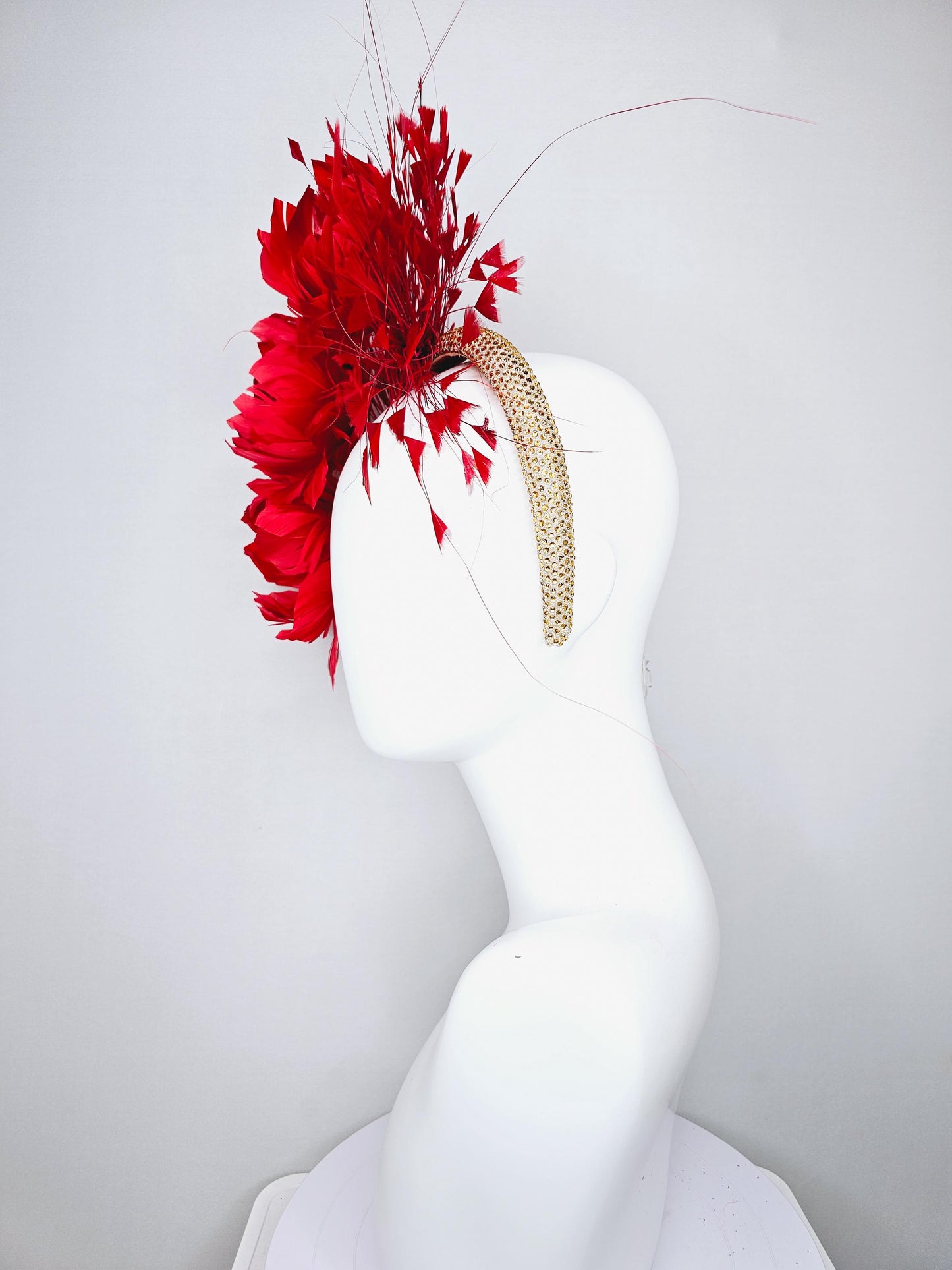 kentucky derby hat fascinator red coral feather flowers, red coral branching feathers and gold crystal rhinestone headband