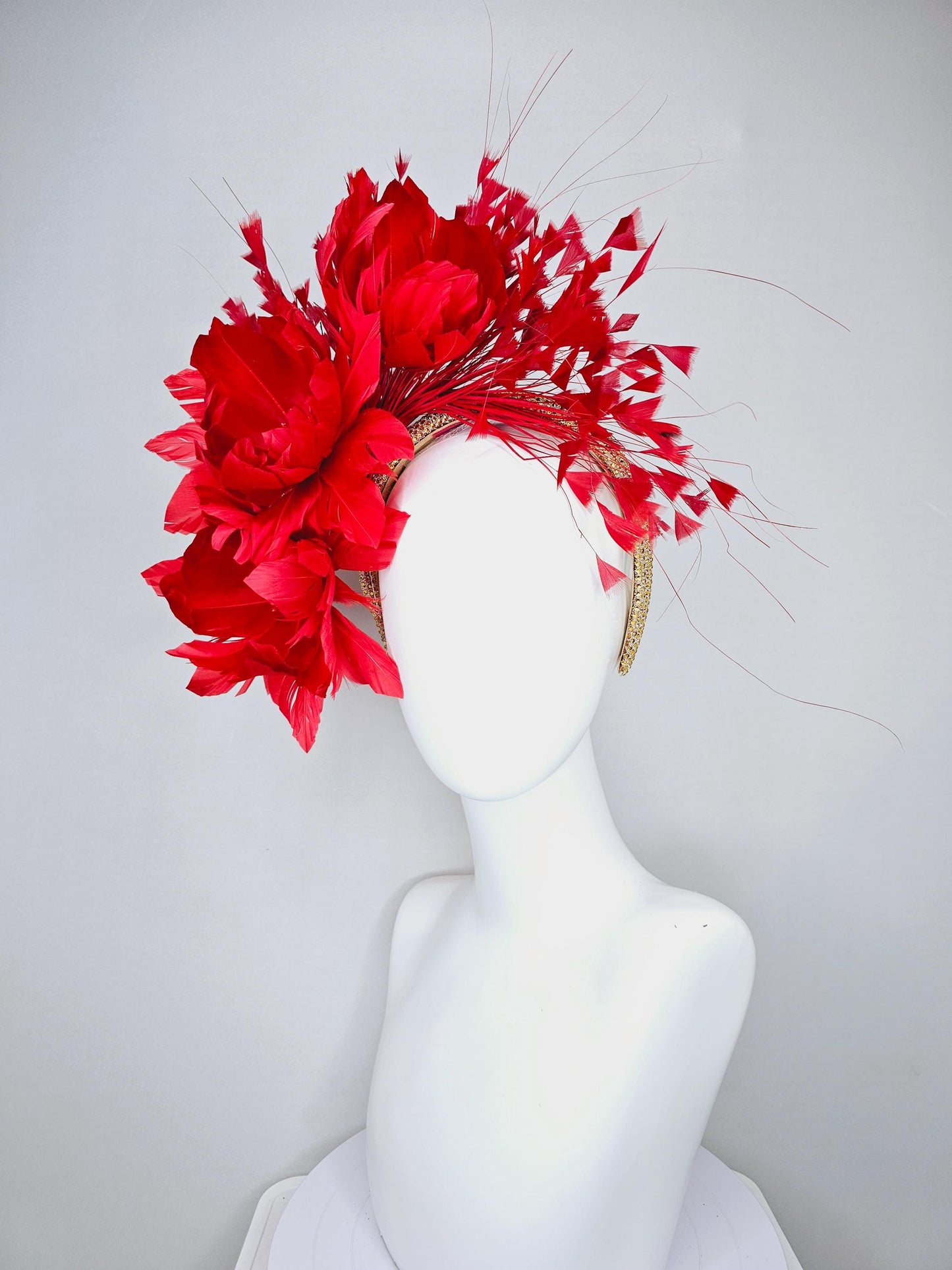 kentucky derby hat fascinator red coral feather flowers, red coral branching feathers and gold crystal rhinestone headband
