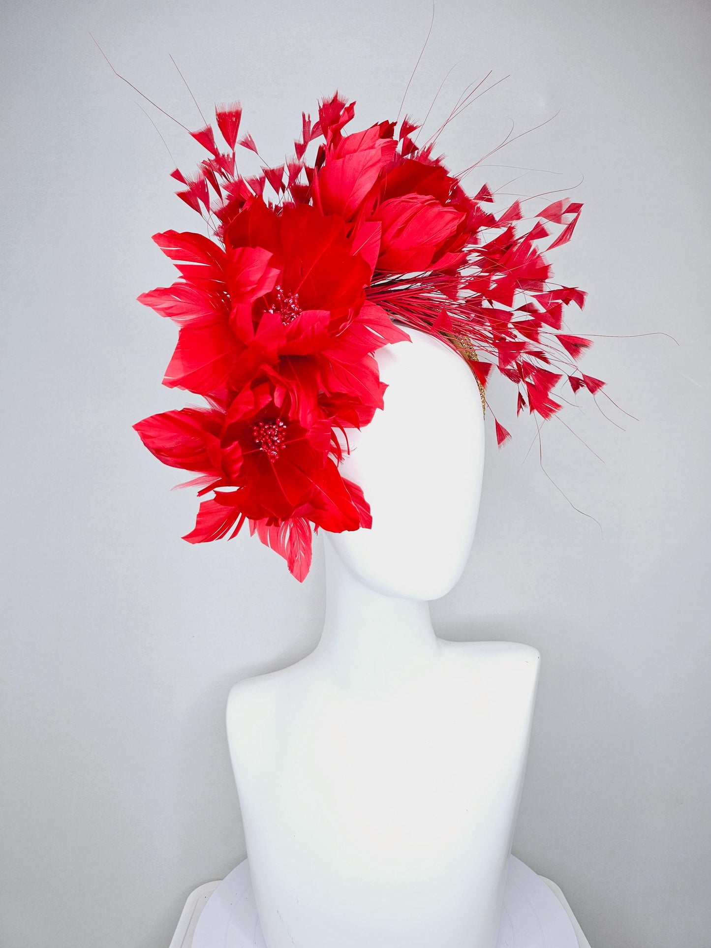 kentucky derby hat fascinator red coral feather flowers, red coral branching feathers and gold crystal rhinestone headband