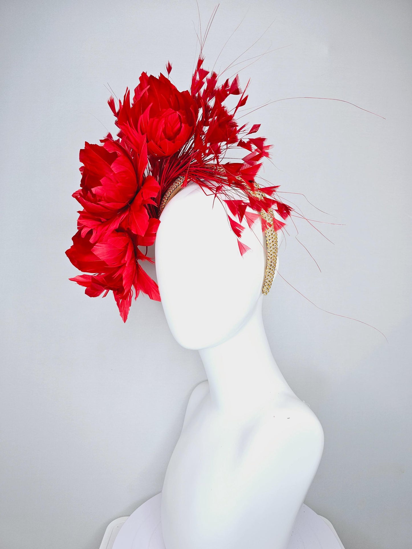 kentucky derby hat fascinator red coral feather flowers, red coral branching feathers and gold crystal rhinestone headband