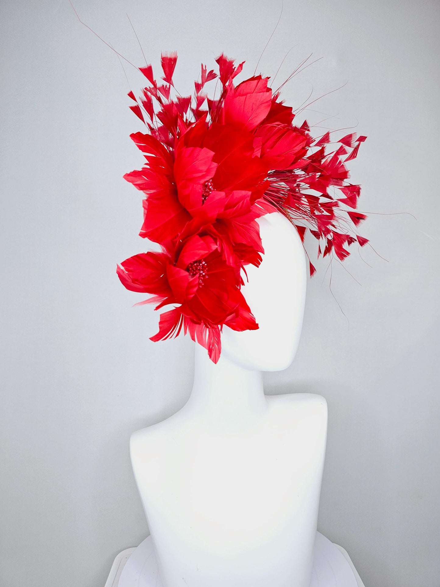 kentucky derby hat fascinator red coral feather flowers, red coral branching feathers and gold crystal rhinestone headband