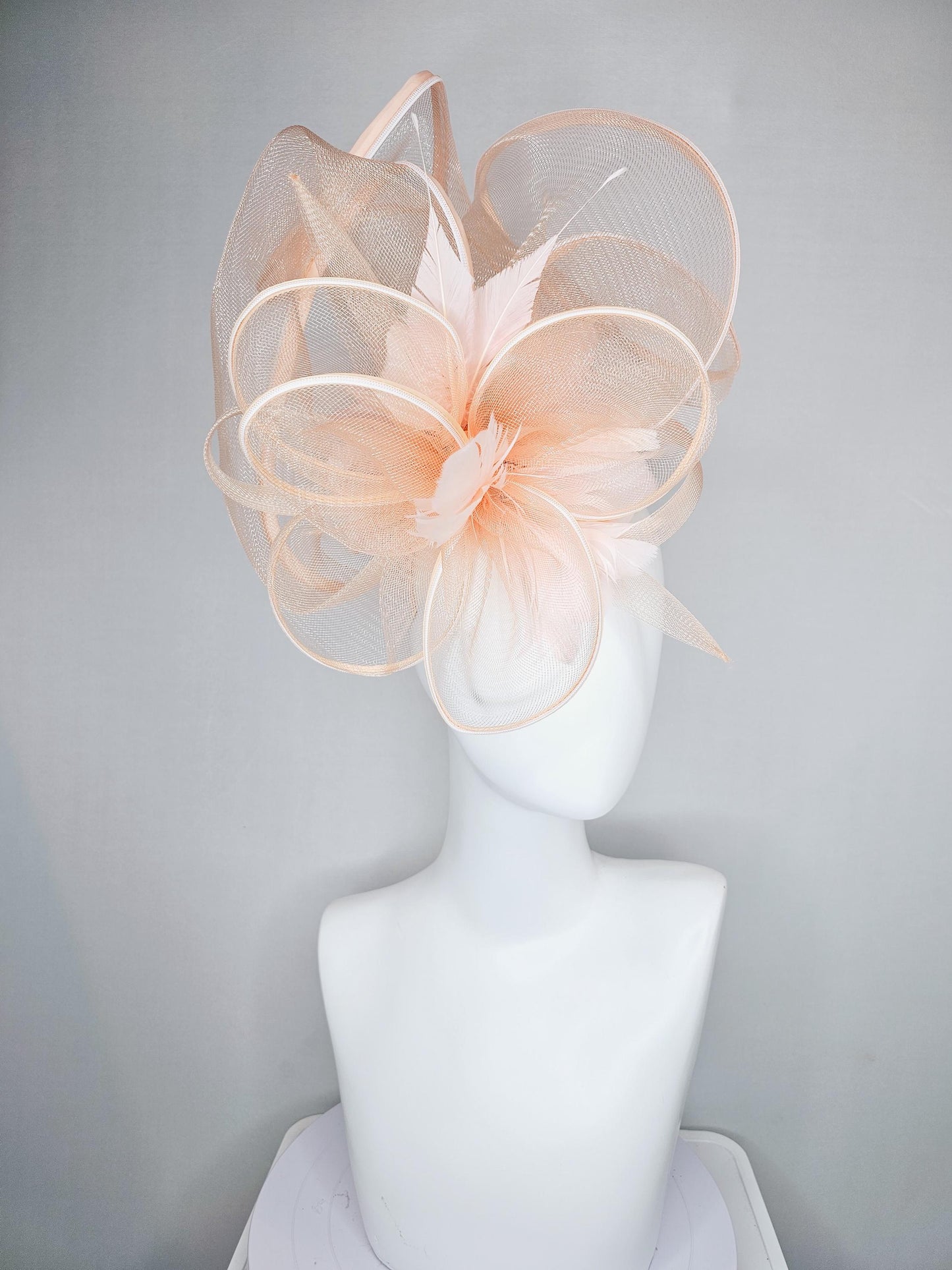 kentucky derby hat fascinator with light blush pink mesh and wired ribbon large bendable decor with light blush pink branching feathers