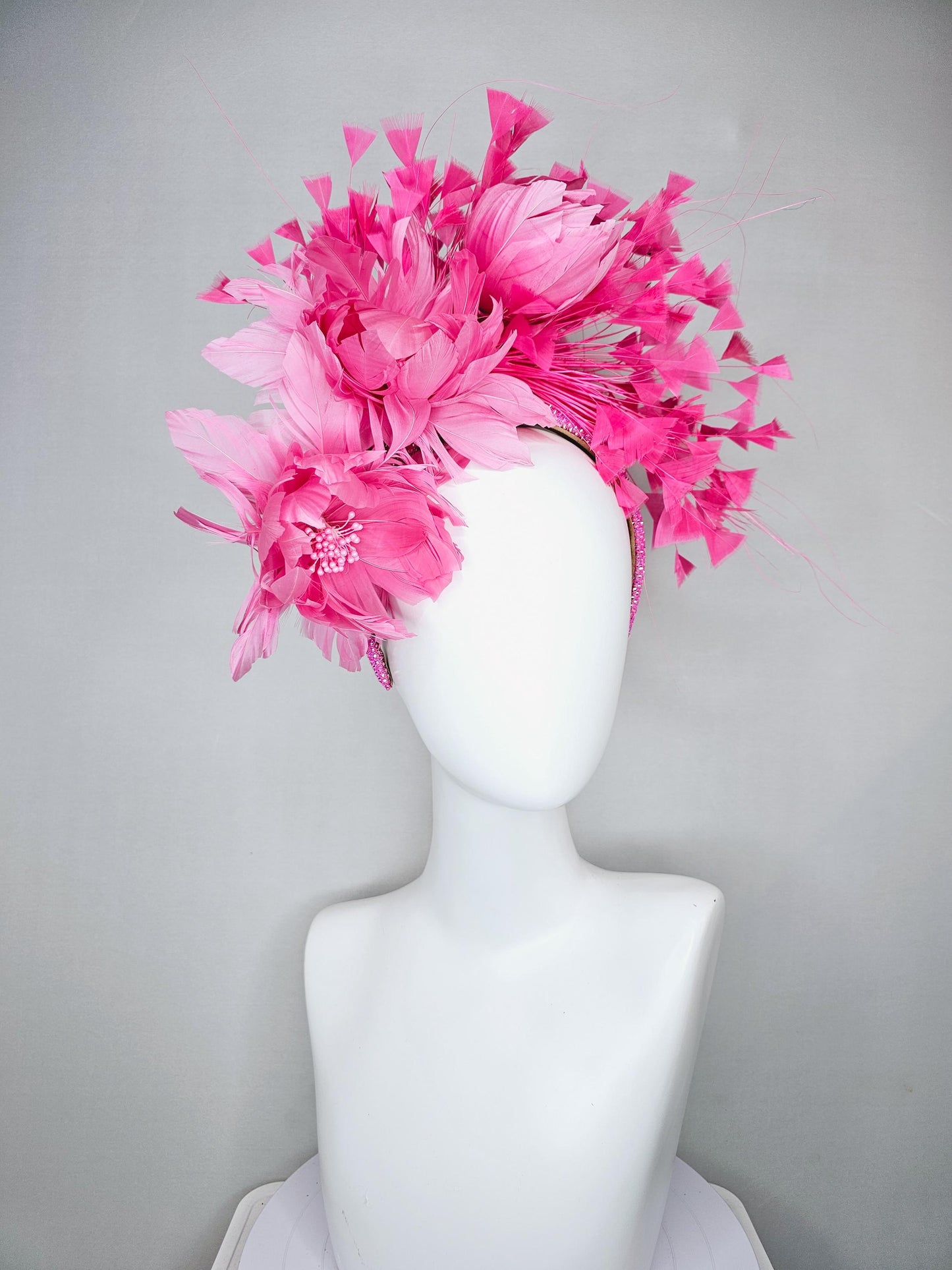 kentucky derby hat fascinator pink iridescent crystal rhinestone headband, rose pink feather flowers with rose pink branching feathers