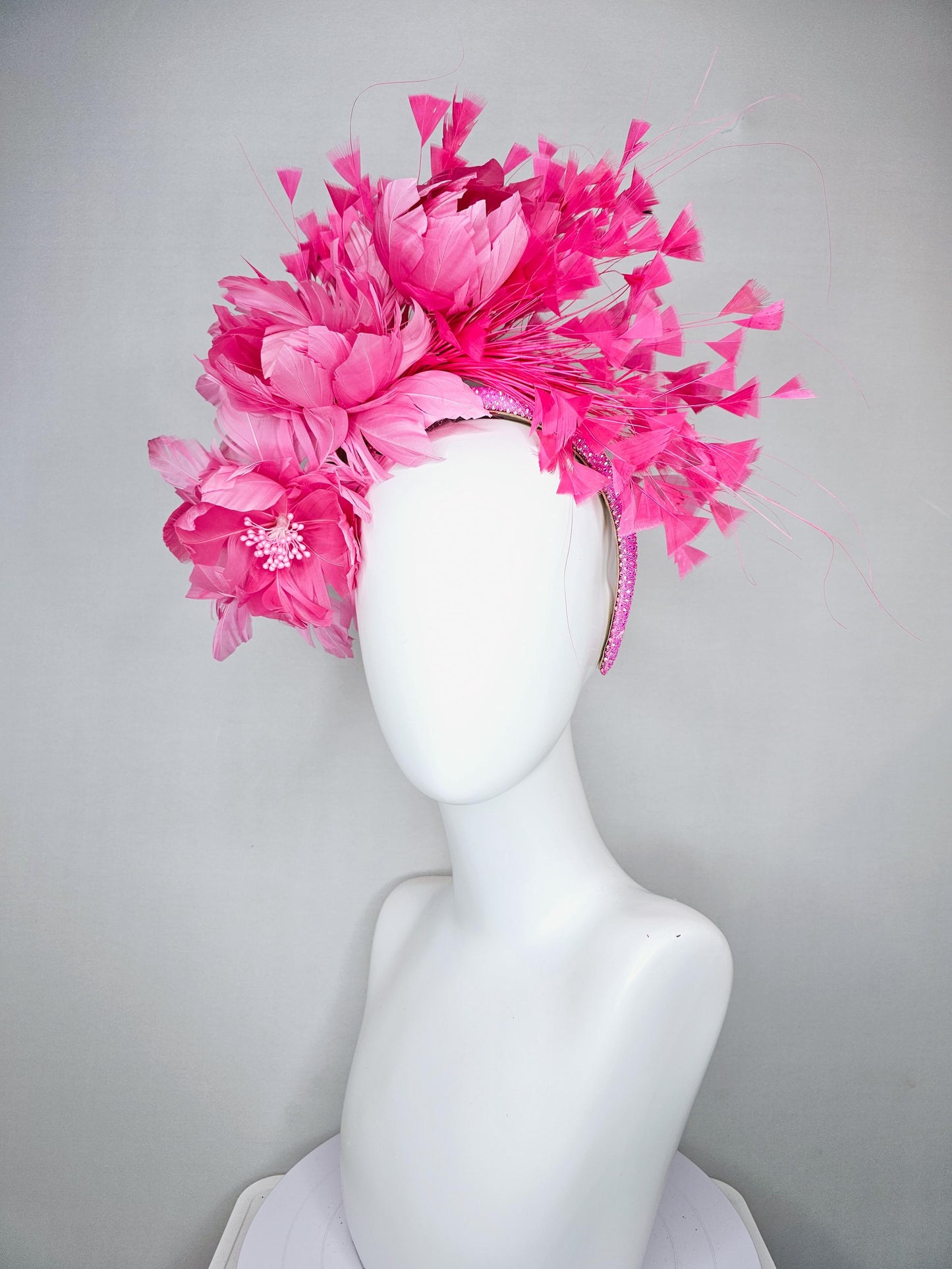 kentucky derby hat fascinator pink iridescent crystal rhinestone headband, rose pink feather flowers with rose pink branching feathers