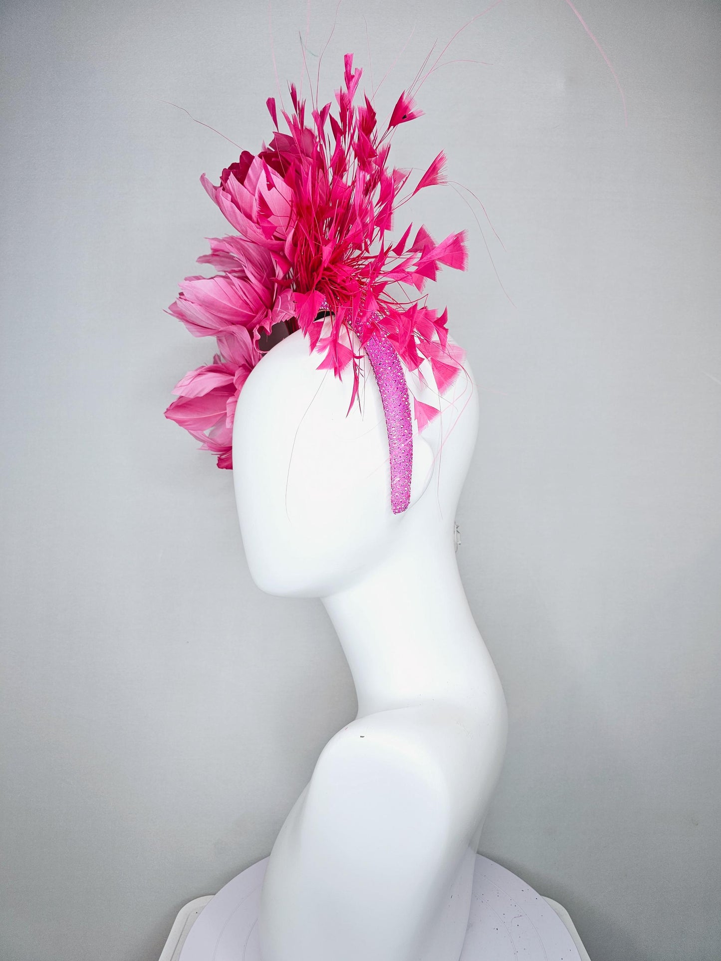 kentucky derby hat fascinator pink iridescent crystal rhinestone headband, rose pink feather flowers with rose pink branching feathers