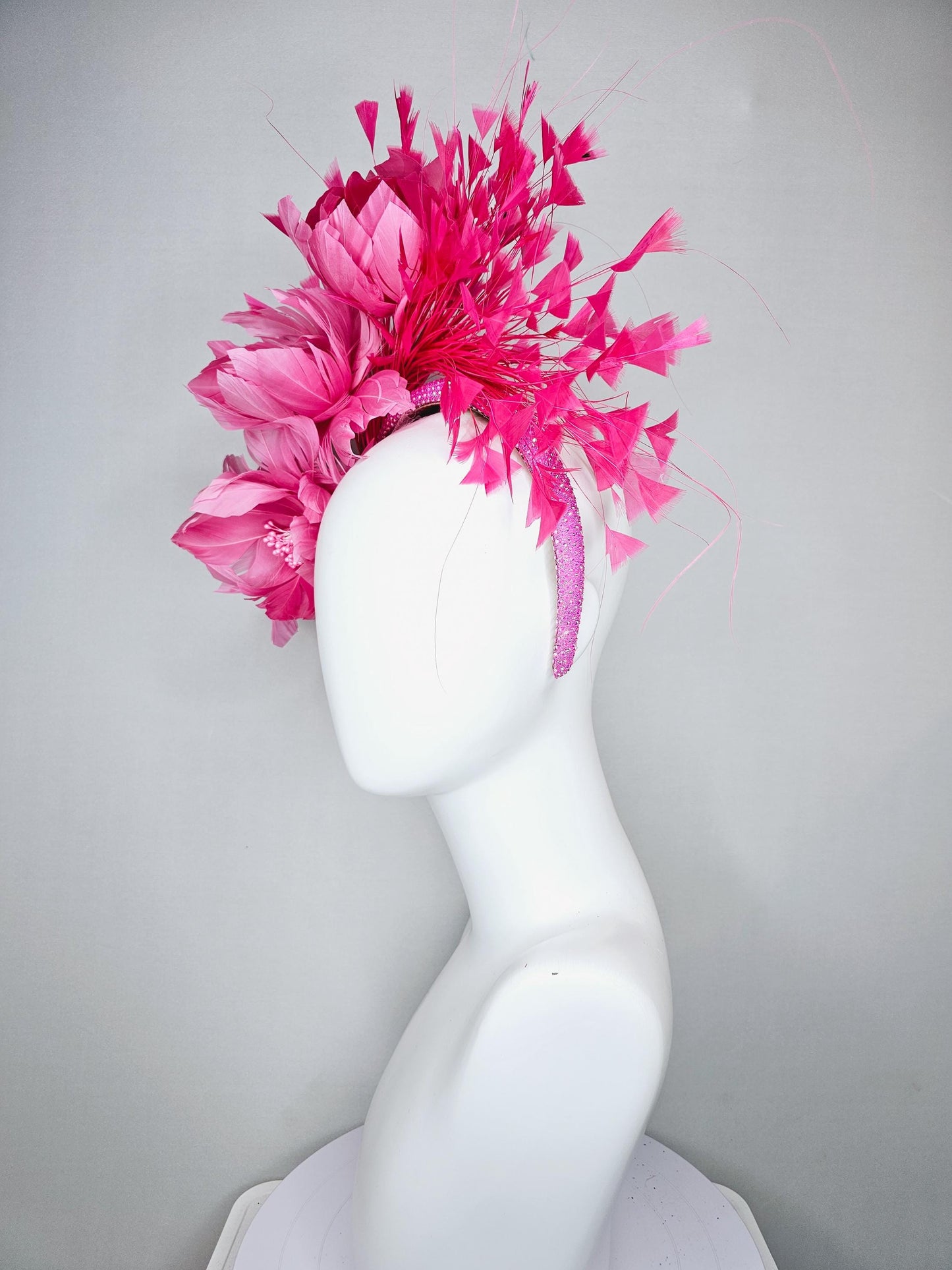 kentucky derby hat fascinator pink iridescent crystal rhinestone headband, rose pink feather flowers with rose pink branching feathers
