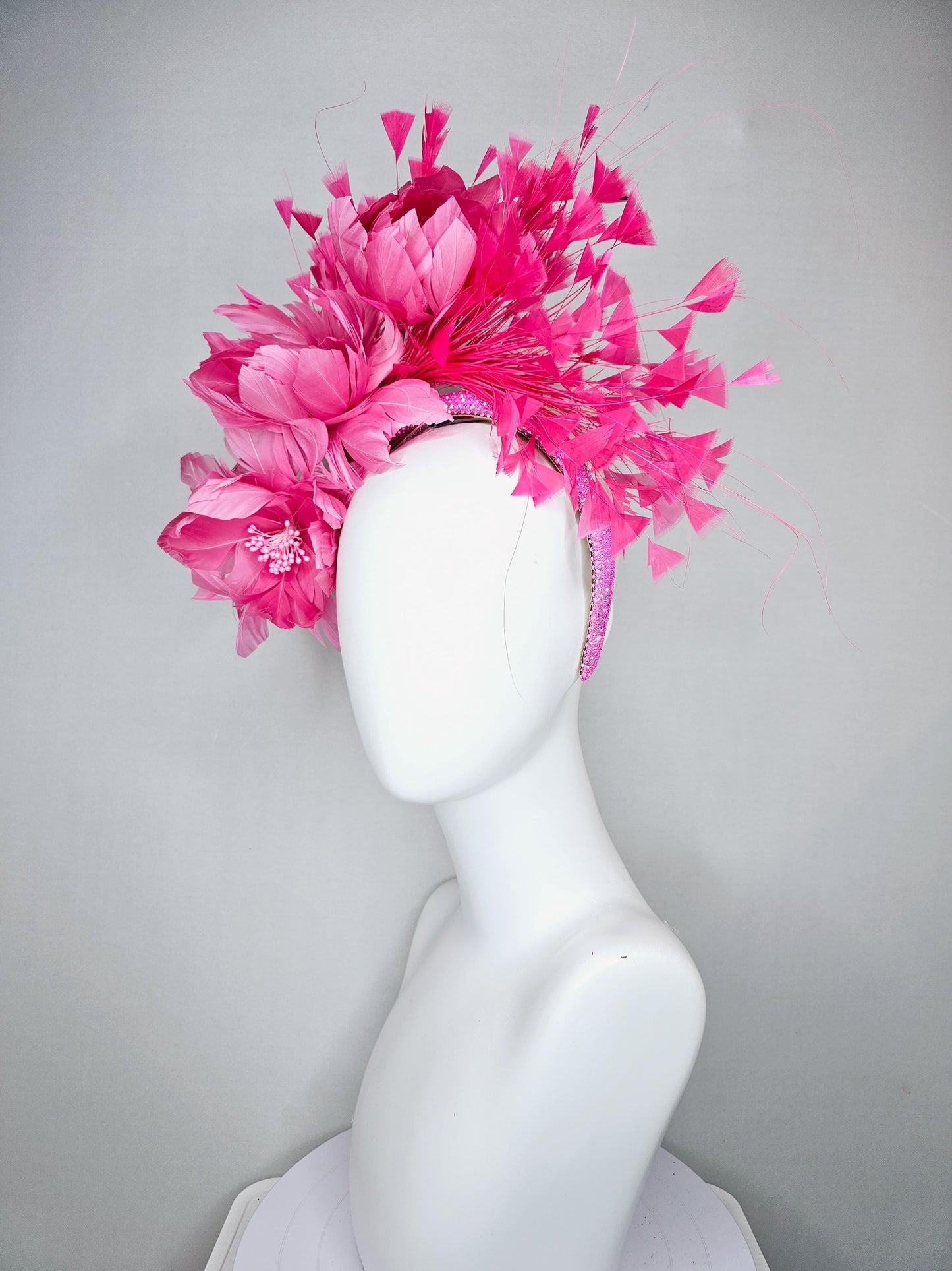 kentucky derby hat fascinator pink iridescent crystal rhinestone headband, rose pink feather flowers with rose pink branching feathers