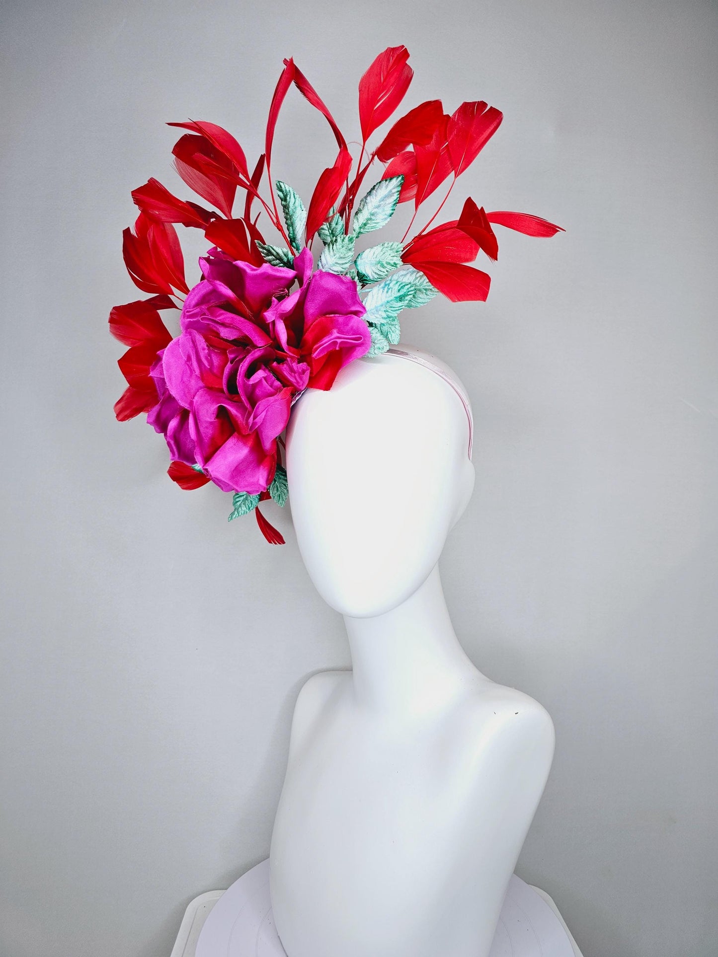 kentucky derby hat fascinator bright pink satin silk flower with aqua blue satin leaves and red coral branching feathers