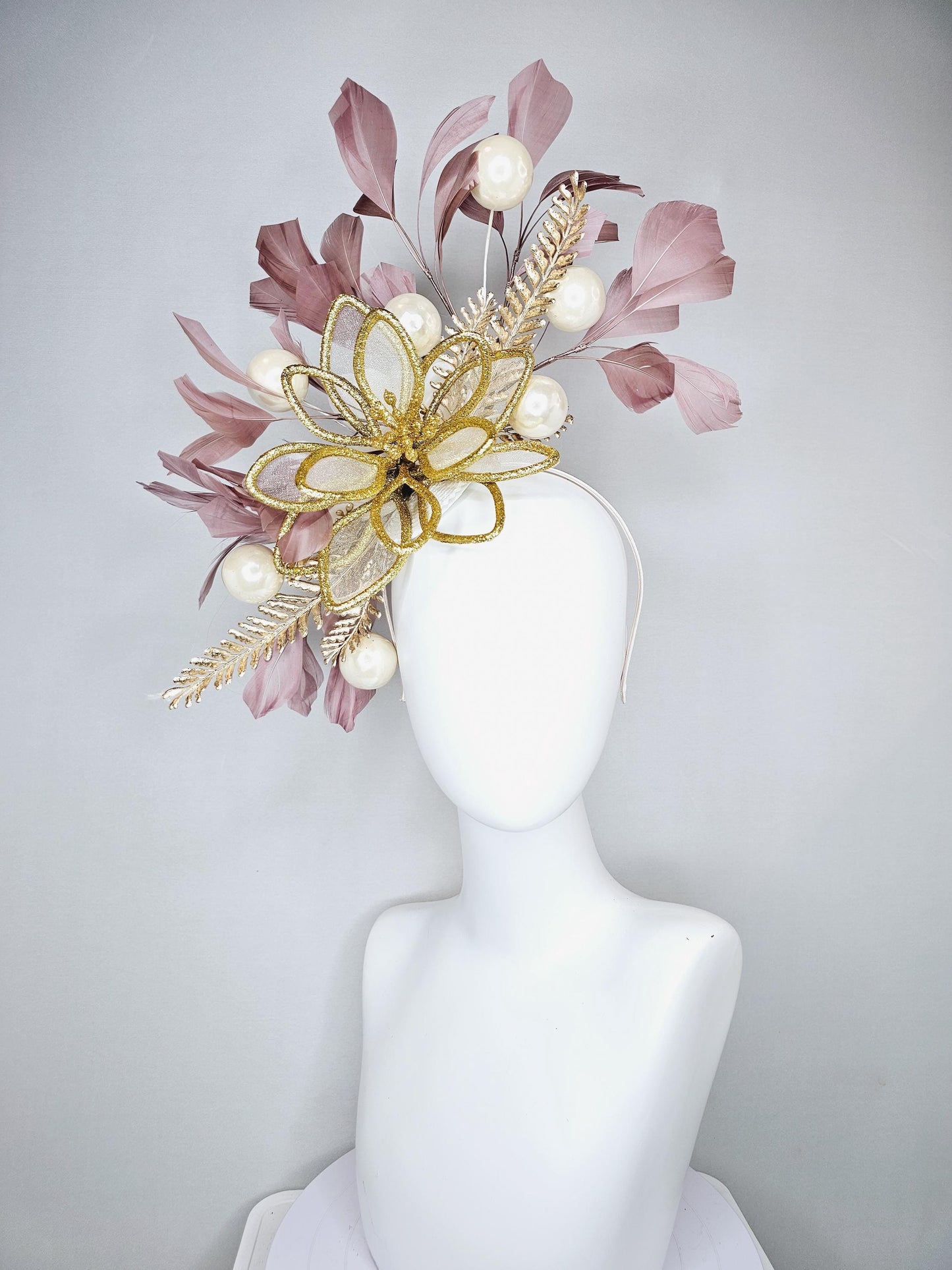 kentucky derby hat fascinator gold glitter flower with gold leaves, taupe brown branching feathers with pearls