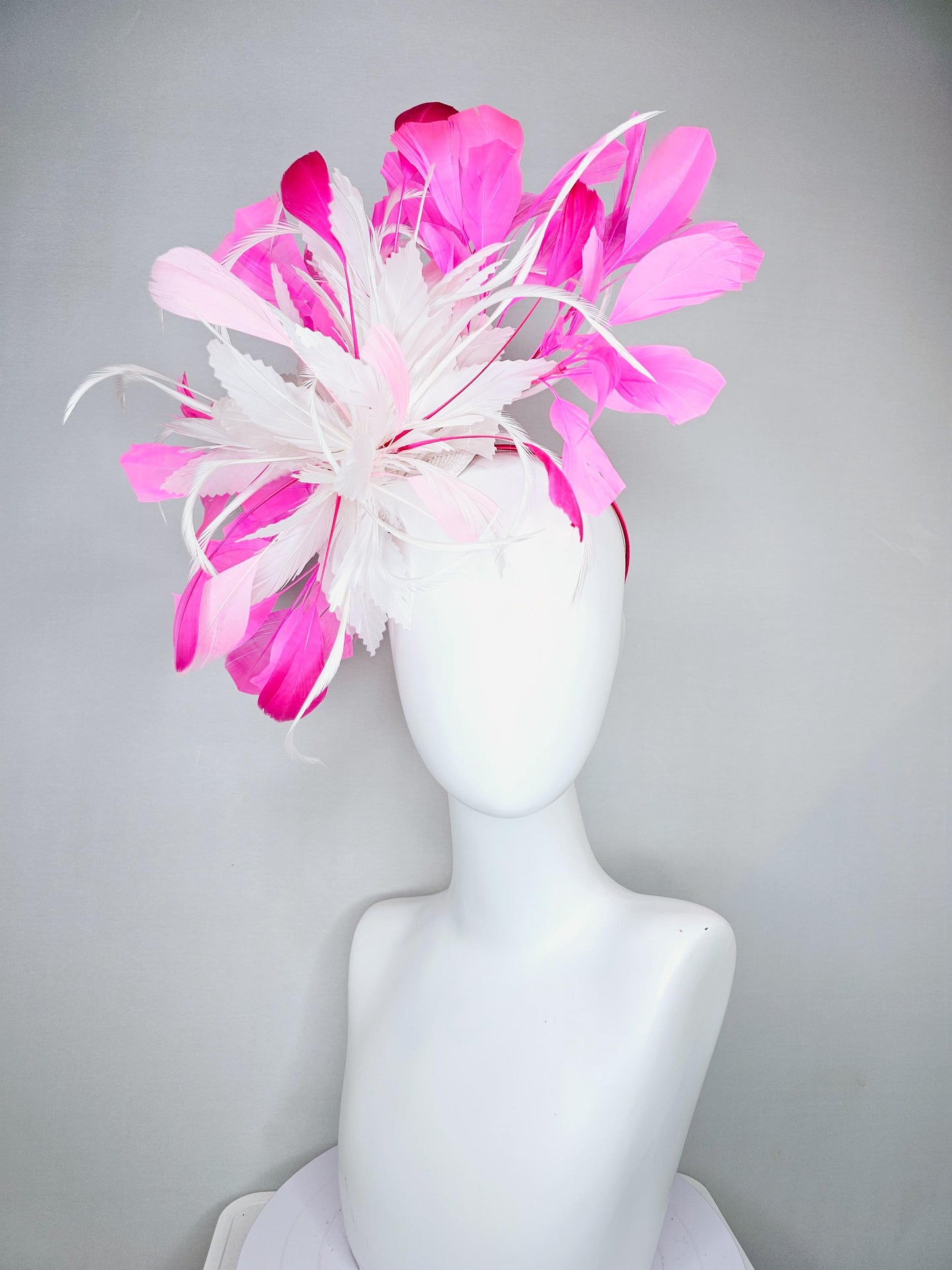 kentucky derby hat fascinator white feather flower with pink fuchsia and light pink branching feathers, thin headband