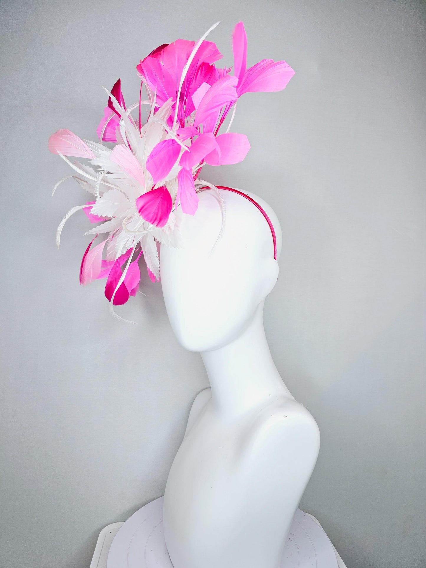 kentucky derby hat fascinator white feather flower with pink fuchsia and light pink branching feathers, thin headband