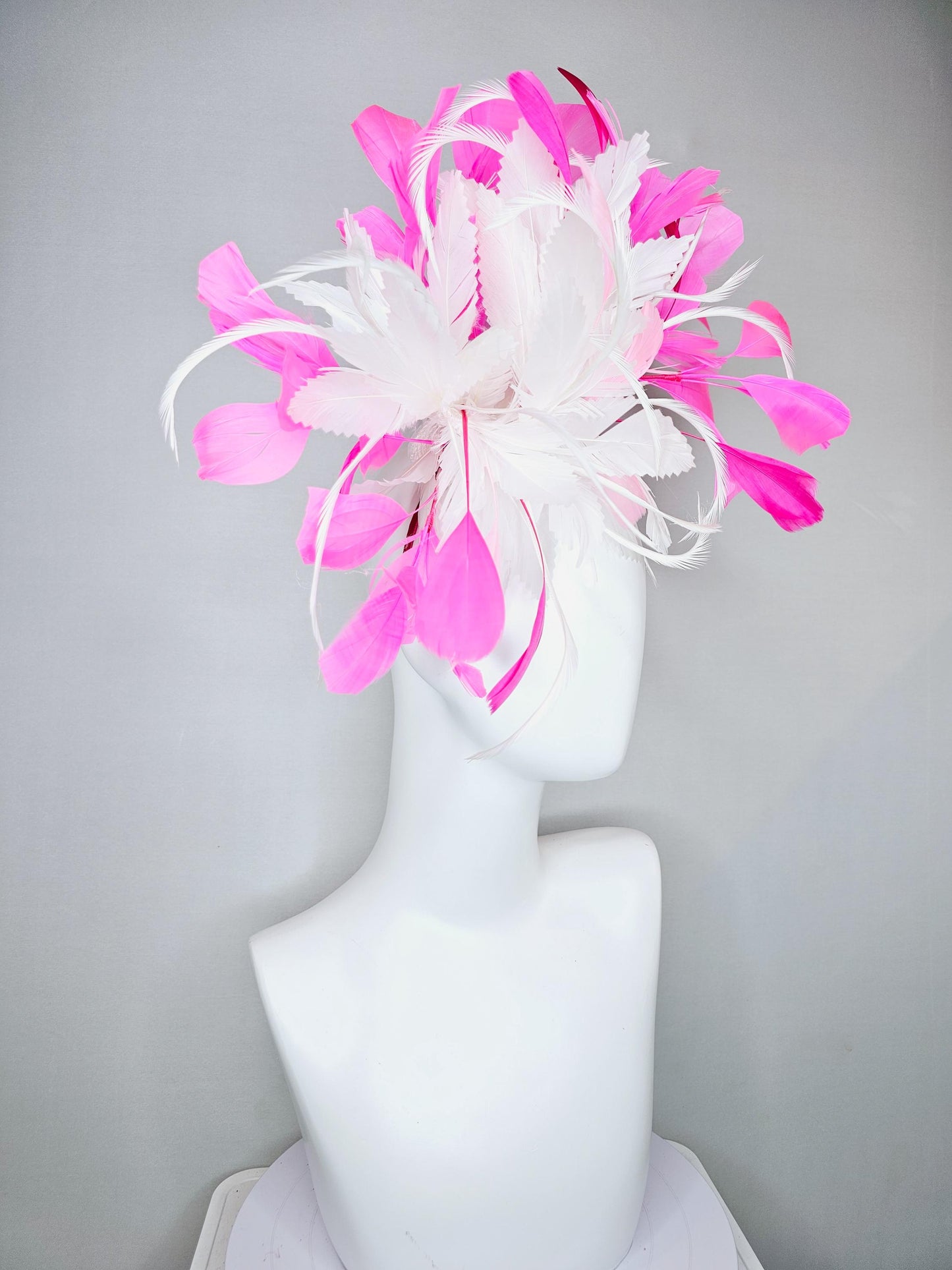 kentucky derby hat fascinator white feather flower with pink fuchsia and light pink branching feathers, thin headband