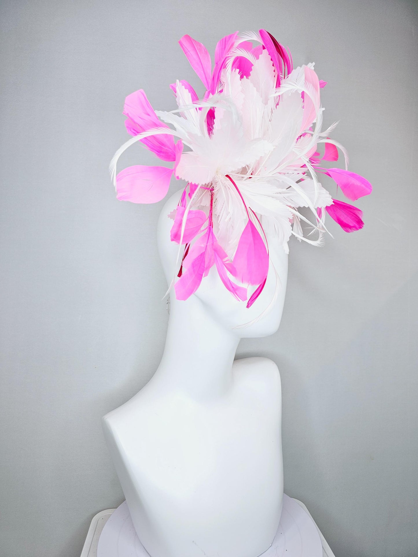 kentucky derby hat fascinator white feather flower with pink fuchsia and light pink branching feathers, thin headband