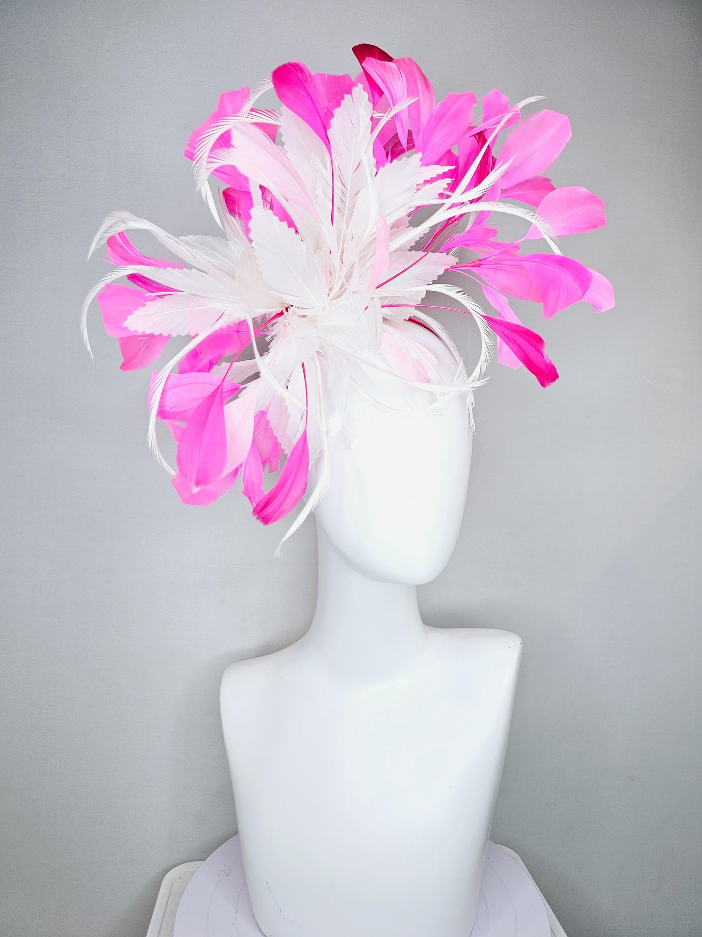 kentucky derby hat fascinator white feather flower with pink fuchsia and light pink branching feathers, thin headband