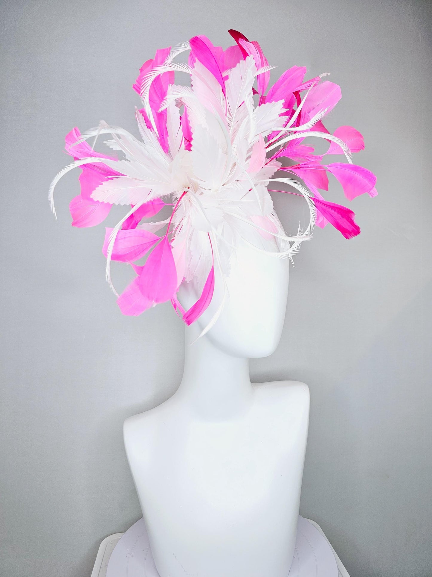kentucky derby hat fascinator white feather flower with pink fuchsia and light pink branching feathers, thin headband