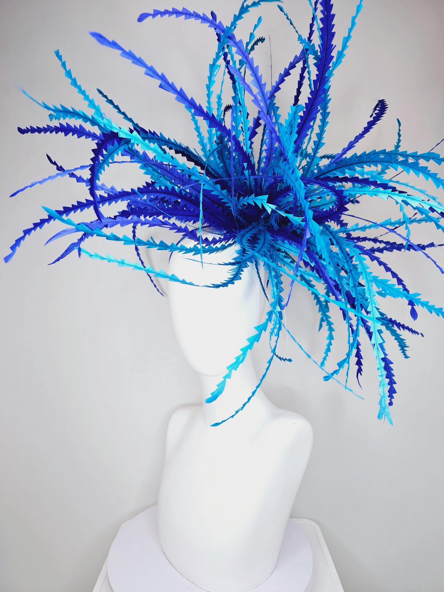 kentucky derby hat fascinator huge cobalt blue, royal blue, sky blue zigzag branching feathers headpiece
