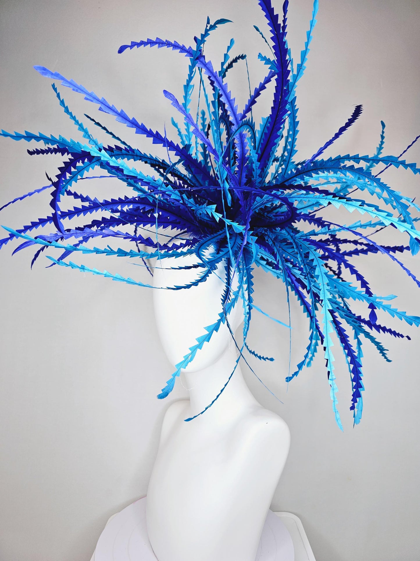 kentucky derby hat fascinator huge cobalt blue, royal blue, sky blue zigzag branching feathers headpiece