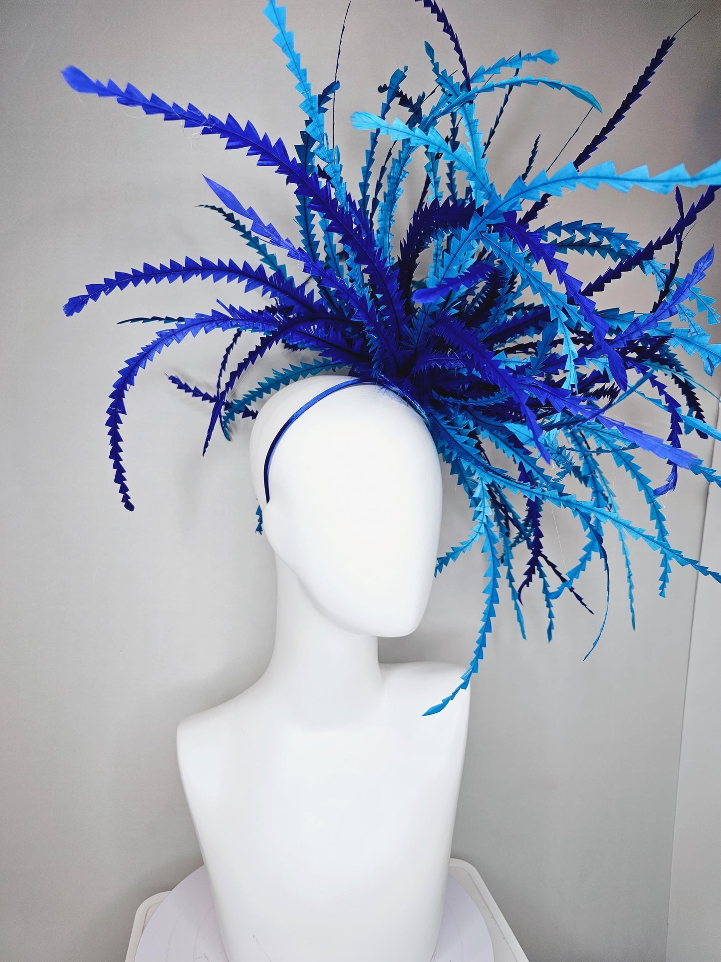 kentucky derby hat fascinator huge cobalt blue, royal blue, sky blue zigzag branching feathers headpiece