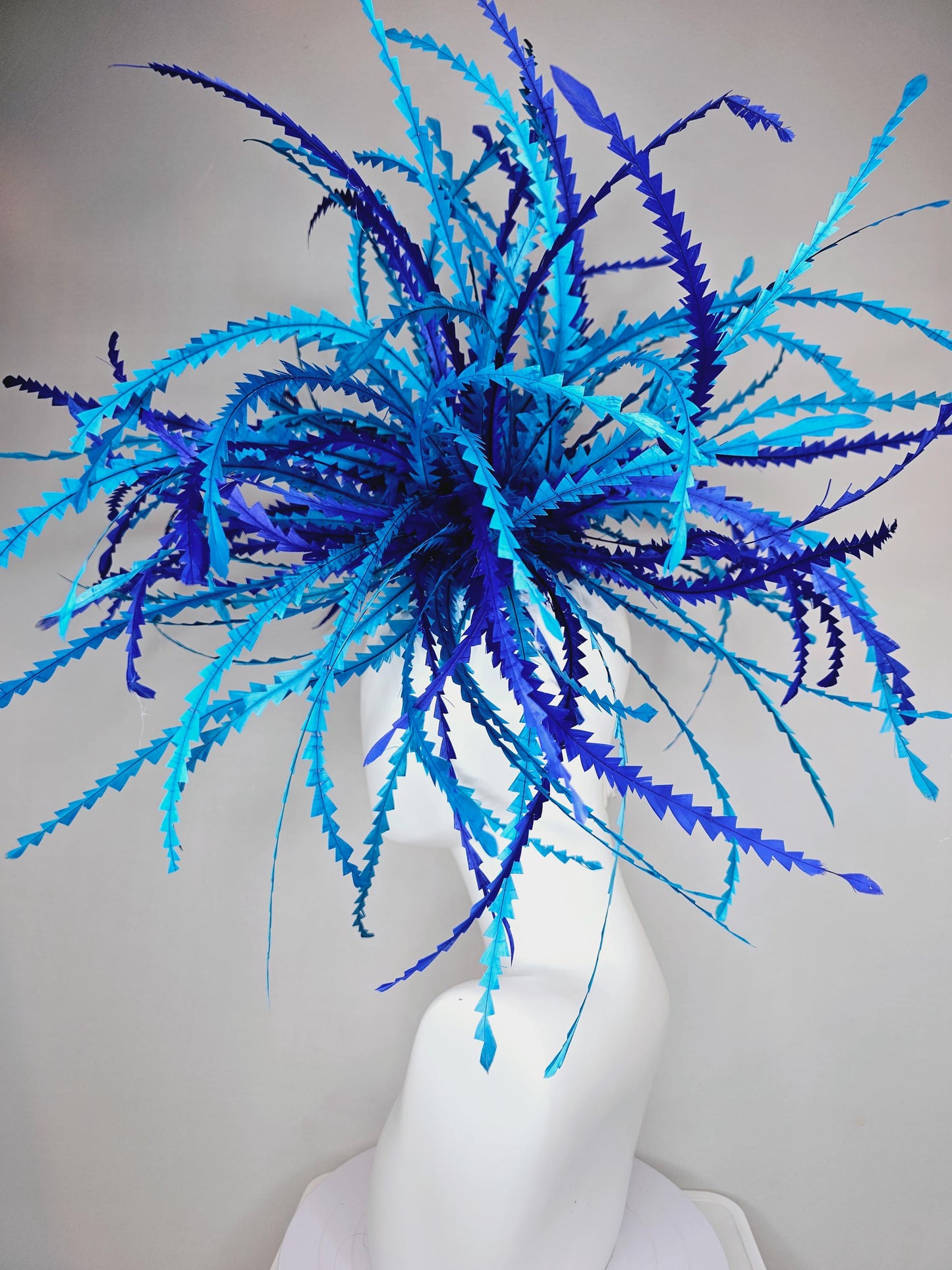 kentucky derby hat fascinator huge cobalt blue, royal blue, sky blue zigzag branching feathers headpiece