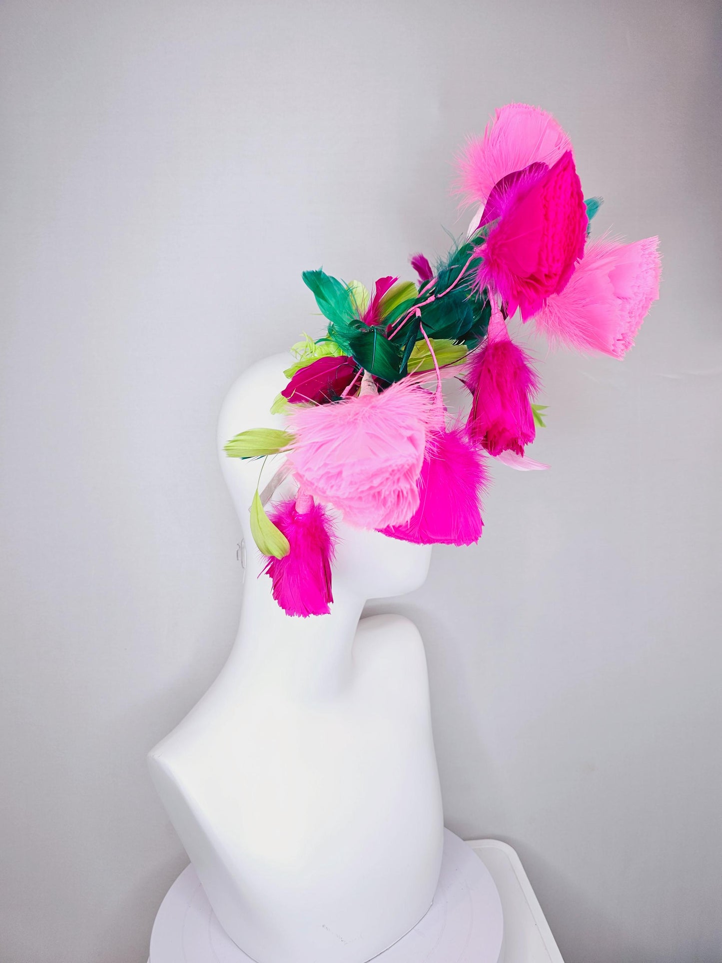 kentucky derby hat fascinator hot pink fuchsia and blush pink feather flowers with emerald green lime green white pink branching feathers