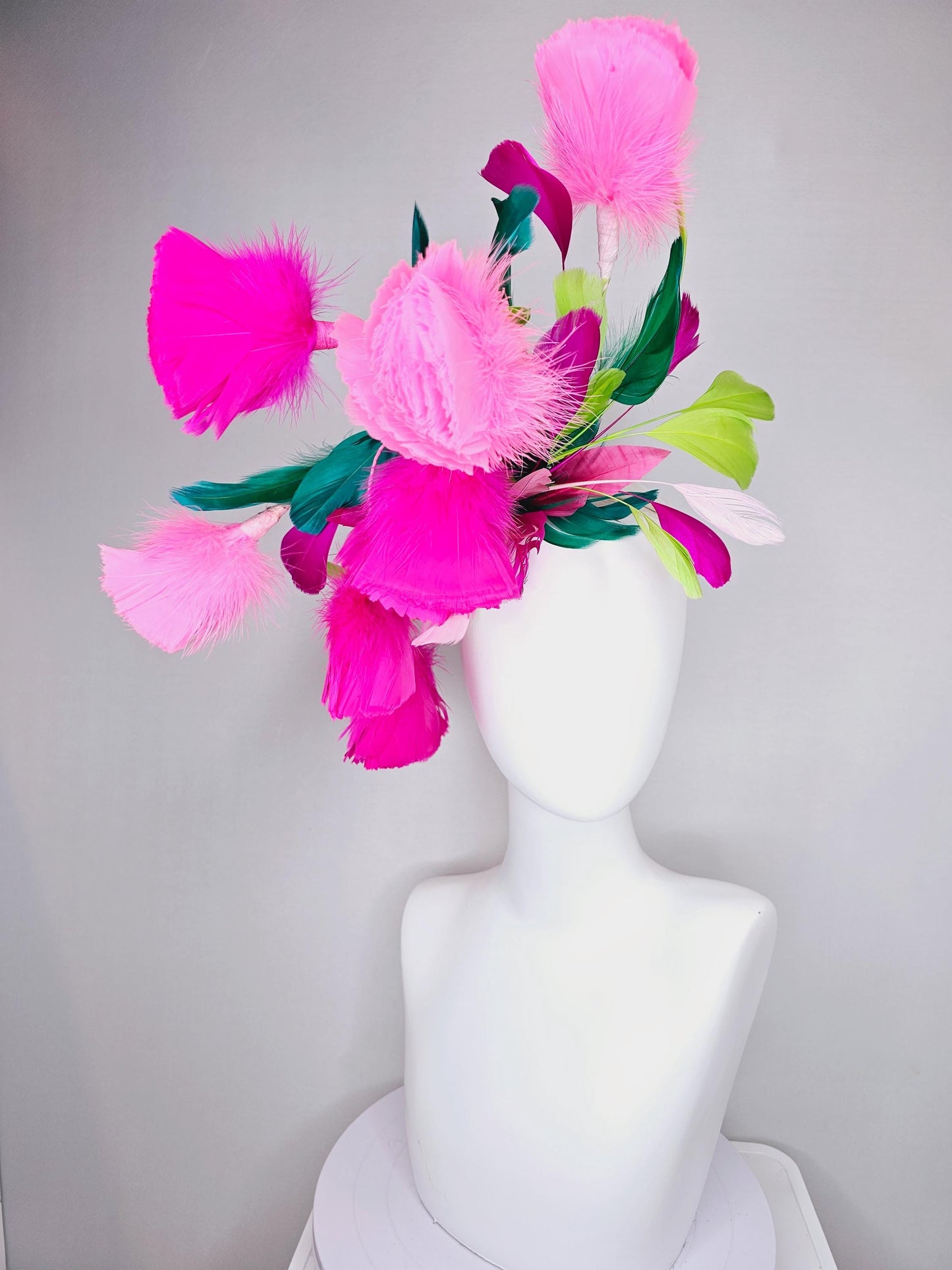 kentucky derby hat fascinator hot pink fuchsia and blush pink feather flowers with emerald green lime green white pink branching feathers