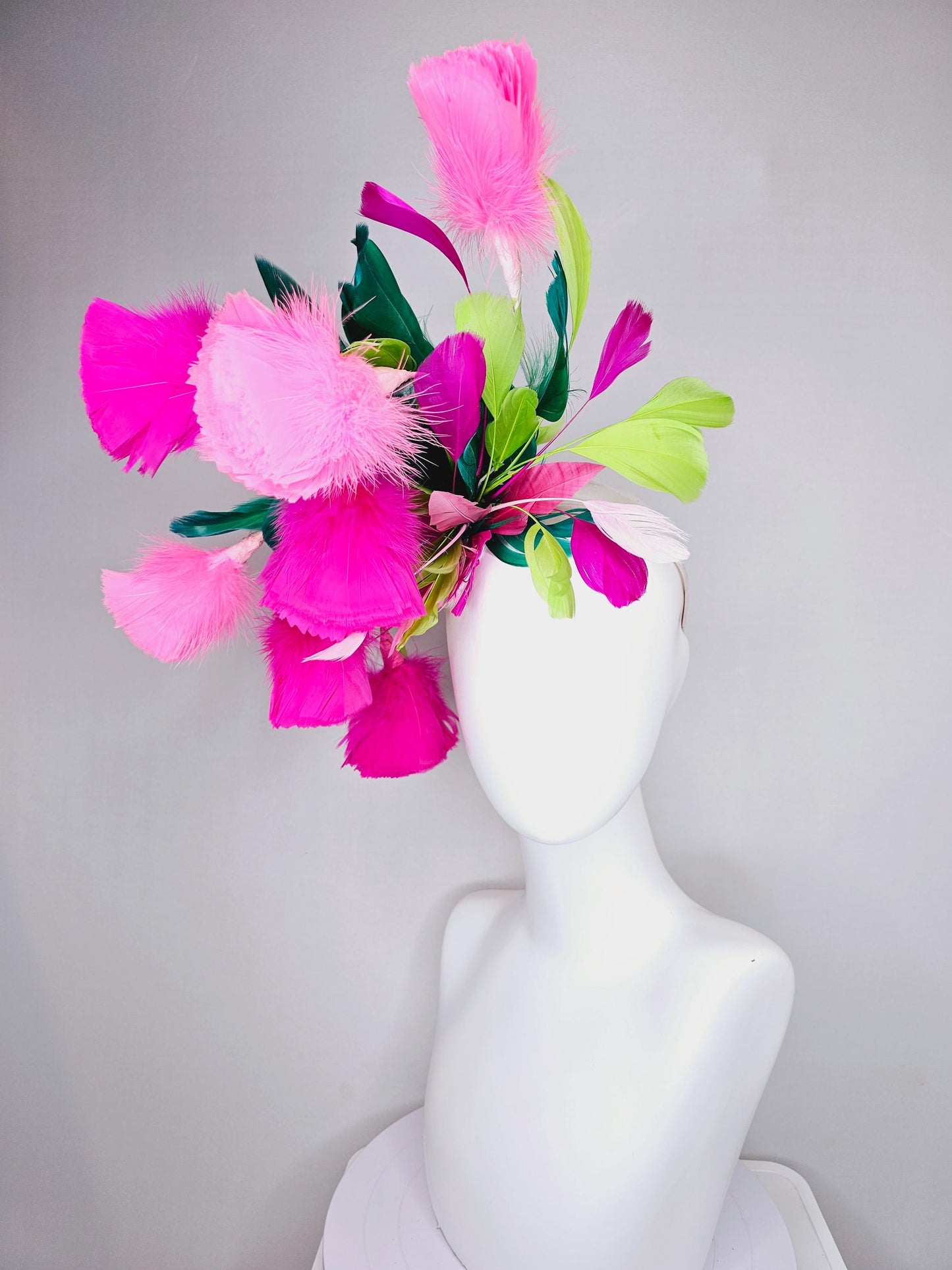 kentucky derby hat fascinator hot pink fuchsia and blush pink feather flowers with emerald green lime green white pink branching feathers
