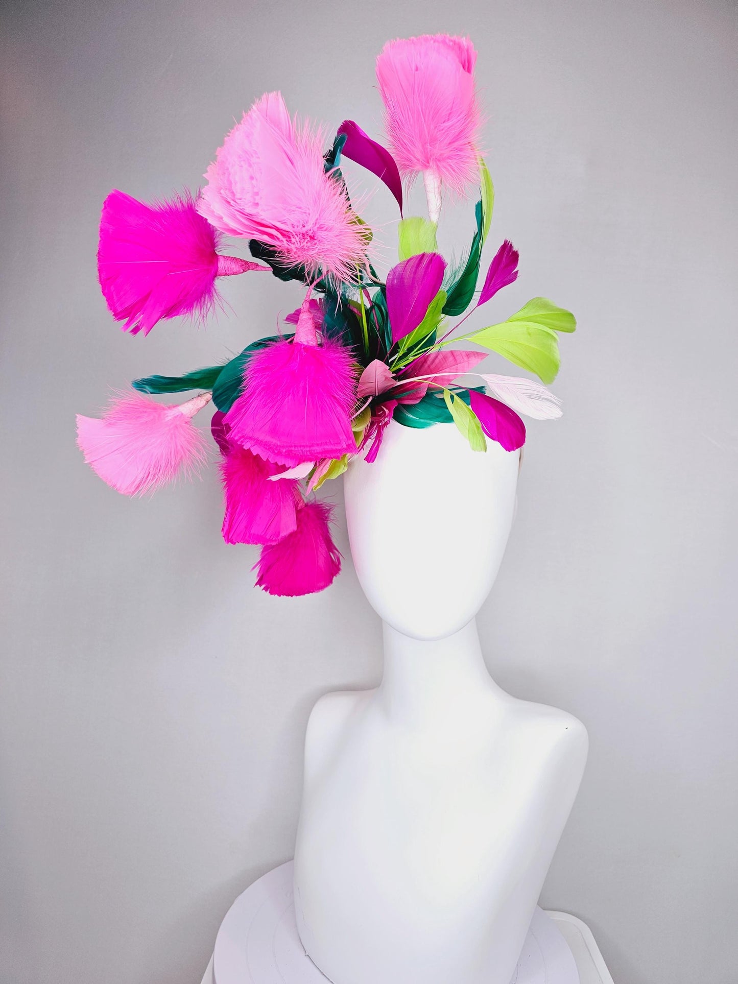 kentucky derby hat fascinator hot pink fuchsia and blush pink feather flowers with emerald green lime green white pink branching feathers